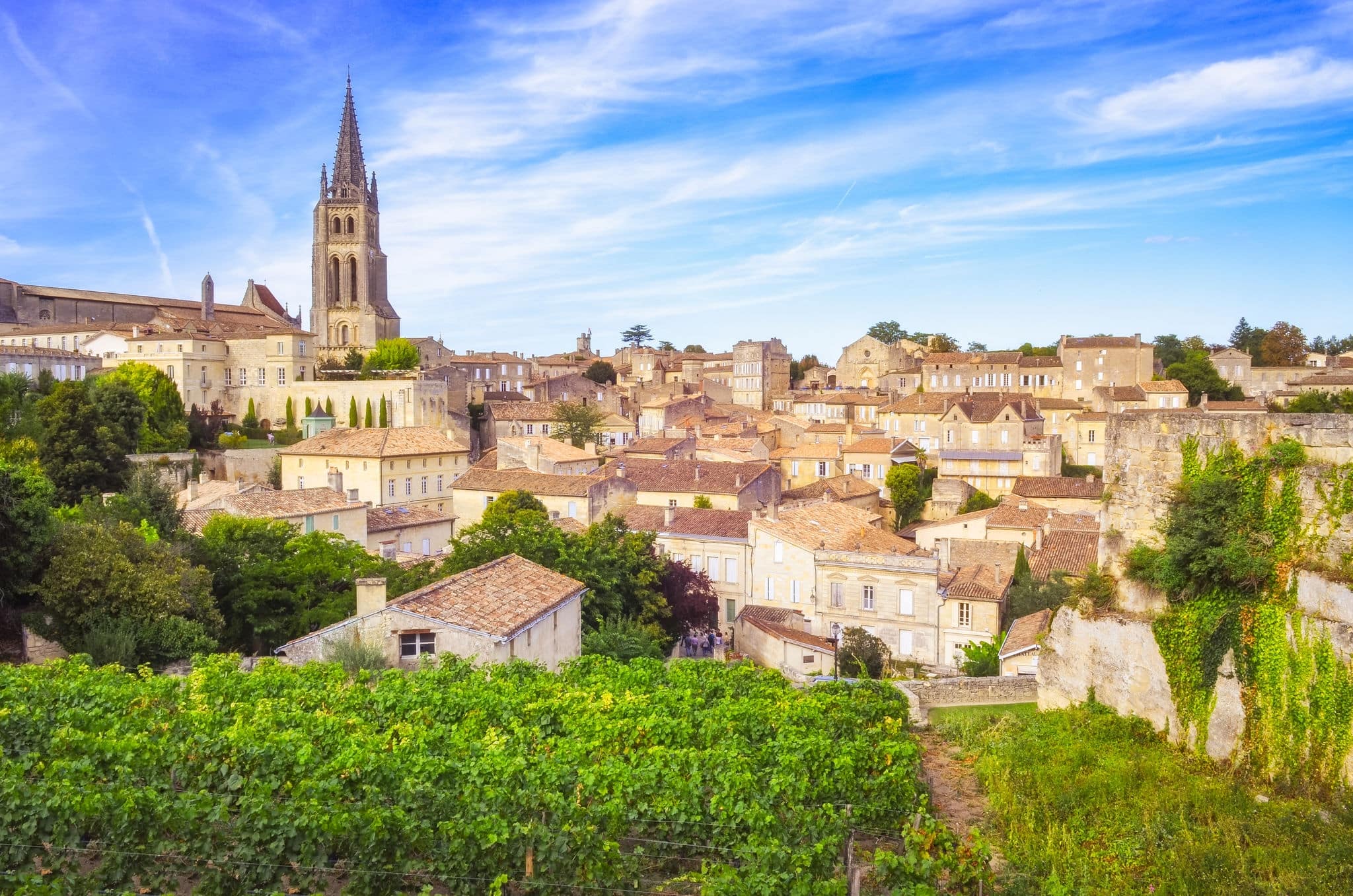 Colorful landscape view of Saint Emilion village in Bordeaux region, France