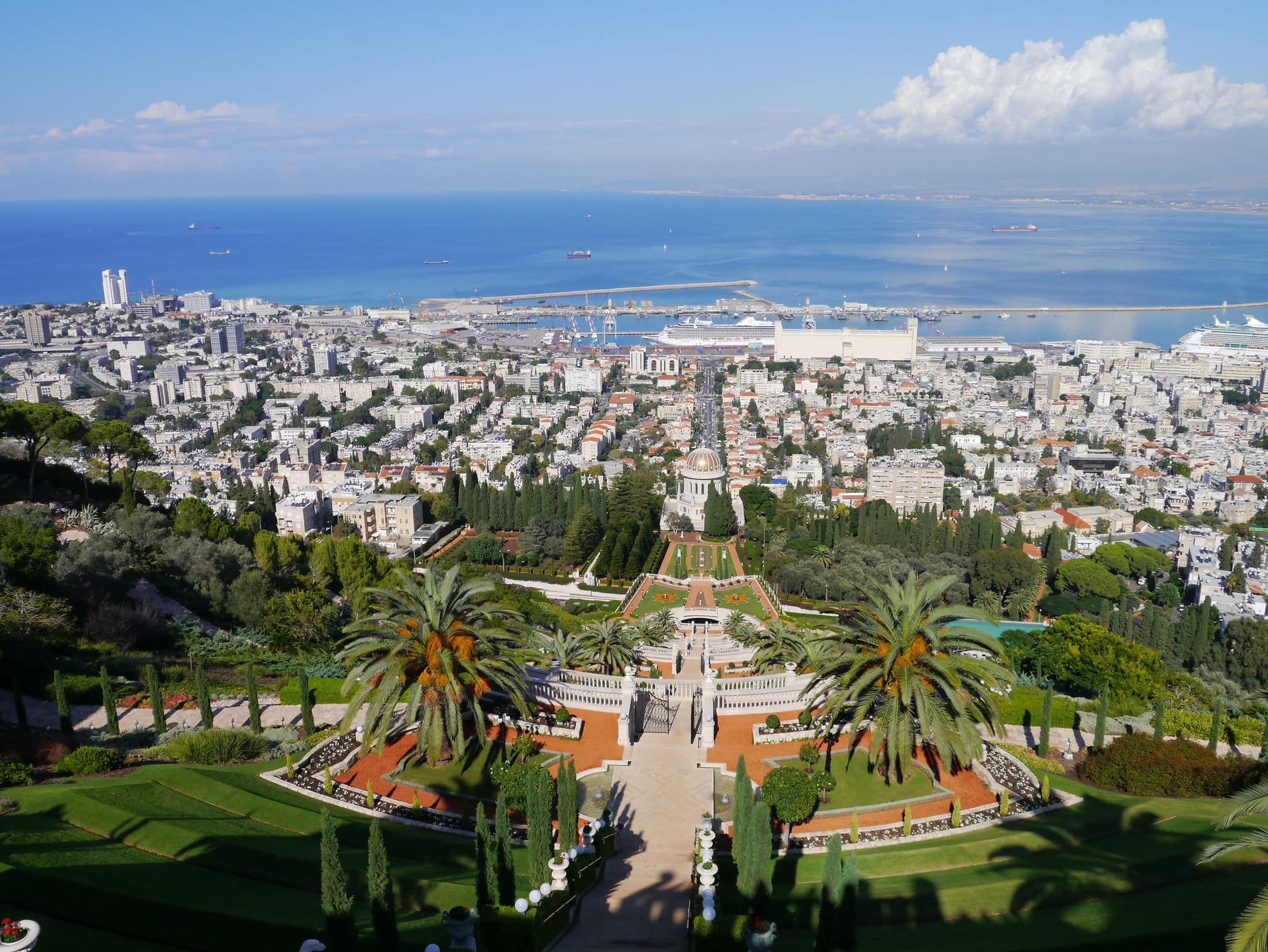 Bahai Gardens in Haifa, Israel, with an overview of Haifa Mount Carmel, Mount Carmel
