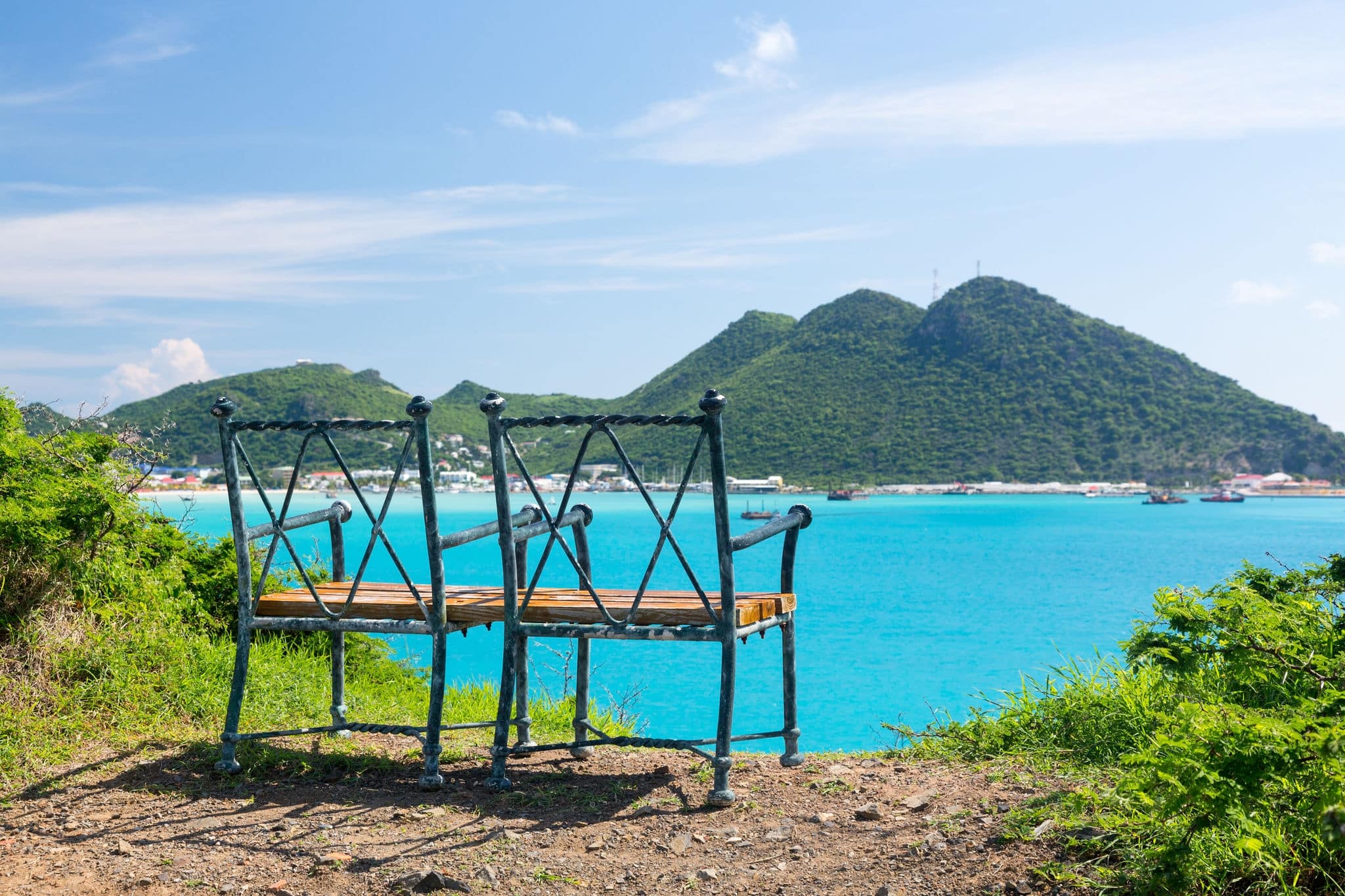 Seat at overlook viewpoint over Philipsburg in Sint Maarten St Martin Caribbean