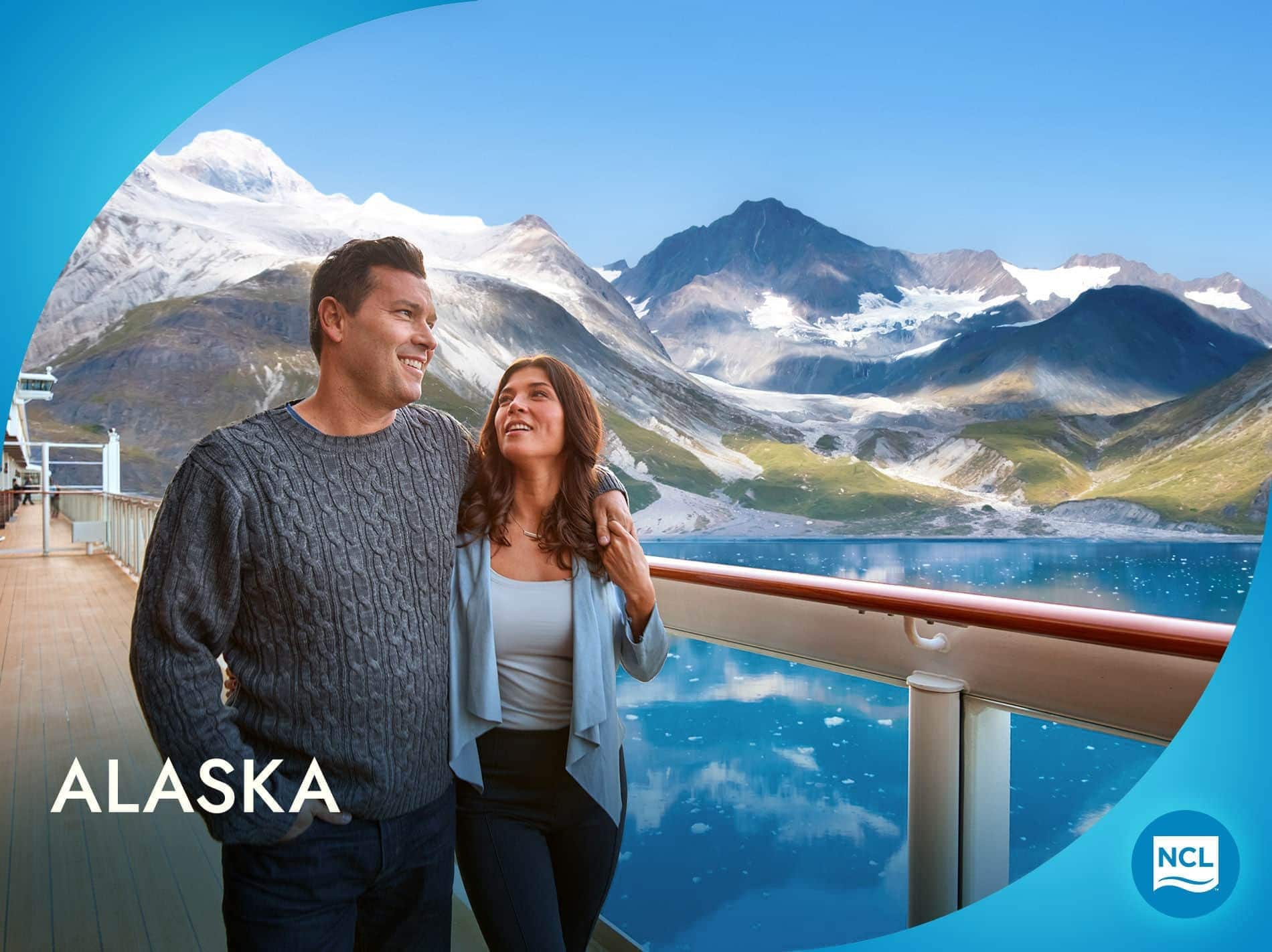 Couple on walkway of ship in Alaska. 
