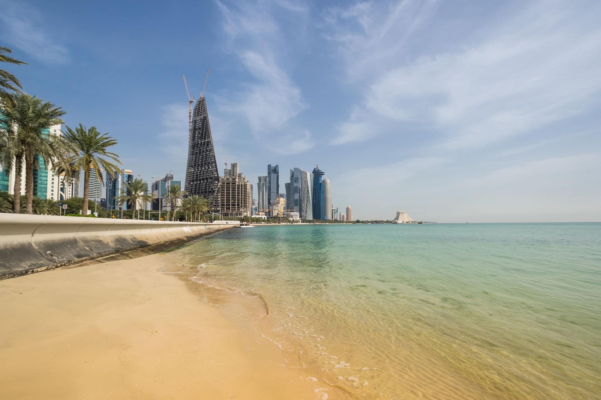 The Doha Corniche is a waterfront promenade extending for seven kilometers along Doha Bay in the capital city of Qatar, Doha