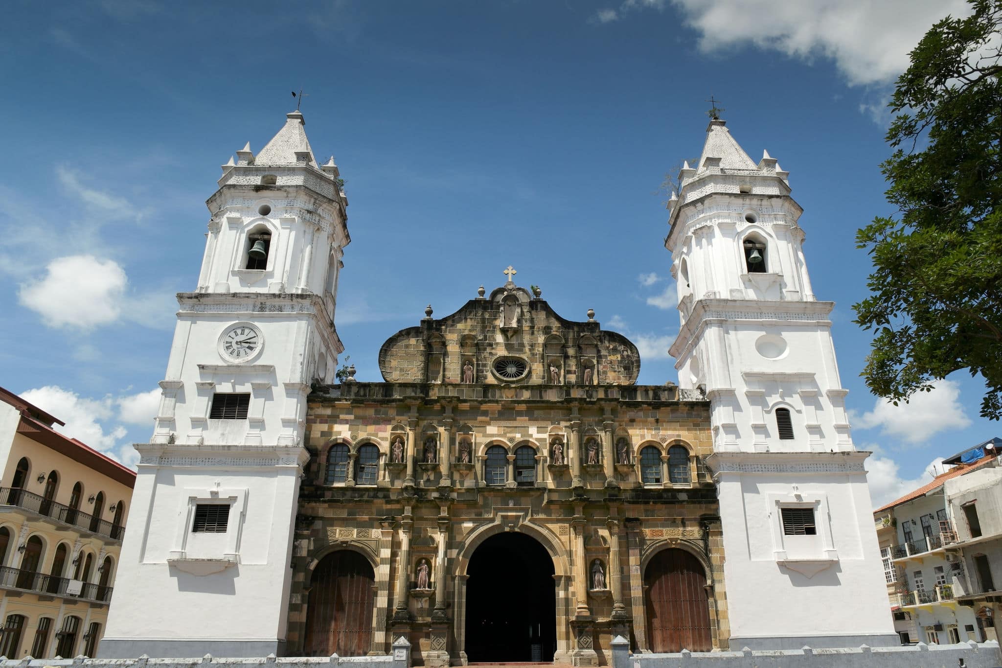 Panama City, Central America, View of Catholich Cathedral in Plaza Mayor, Casco Viejo