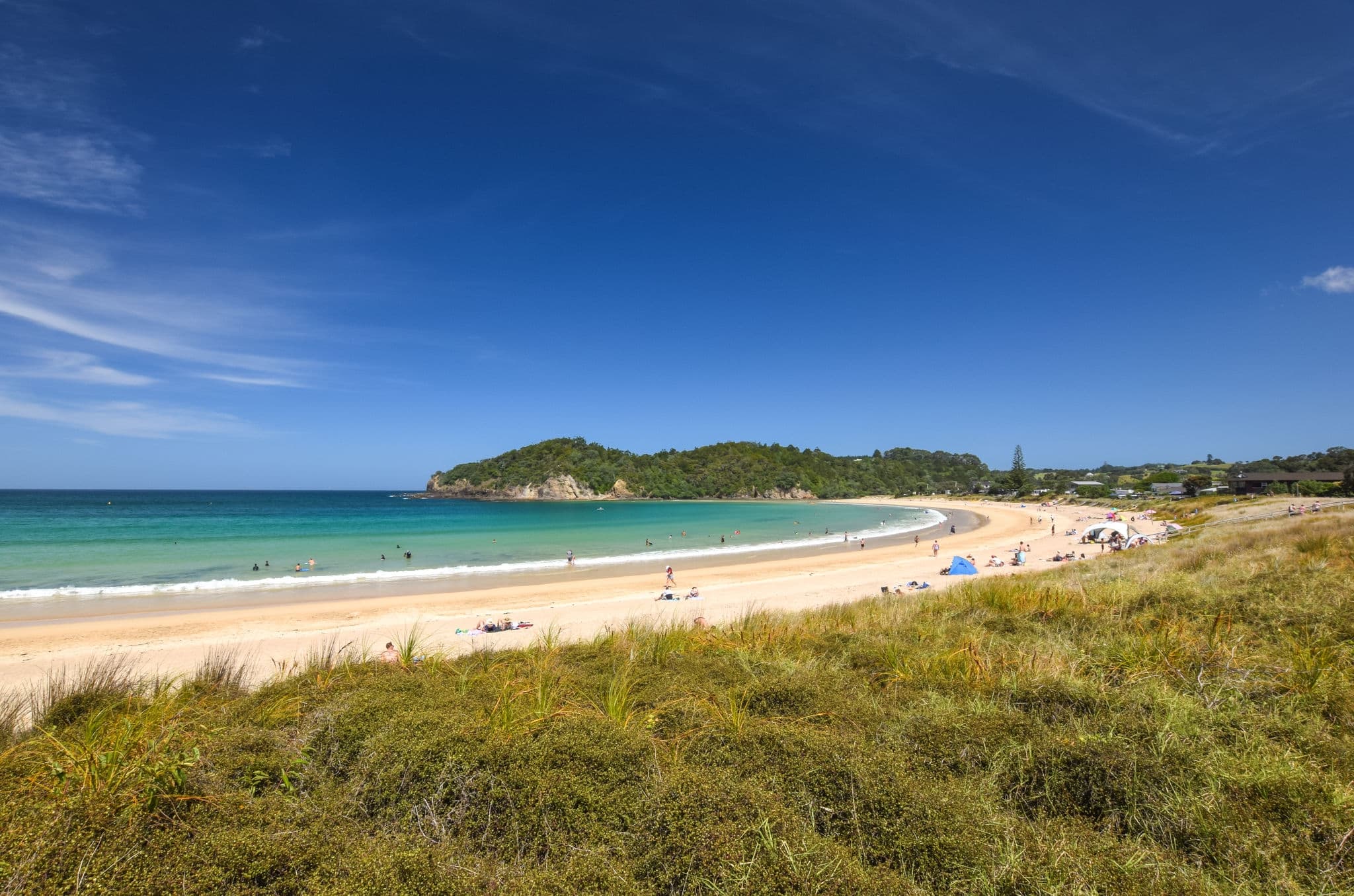 Beautiful wide angle view of Matapouri Beach near Whangarei on the North Island of New Zealand. Grass in the foreground. The close by Mermaid rock pools make it a popular tourist destination.