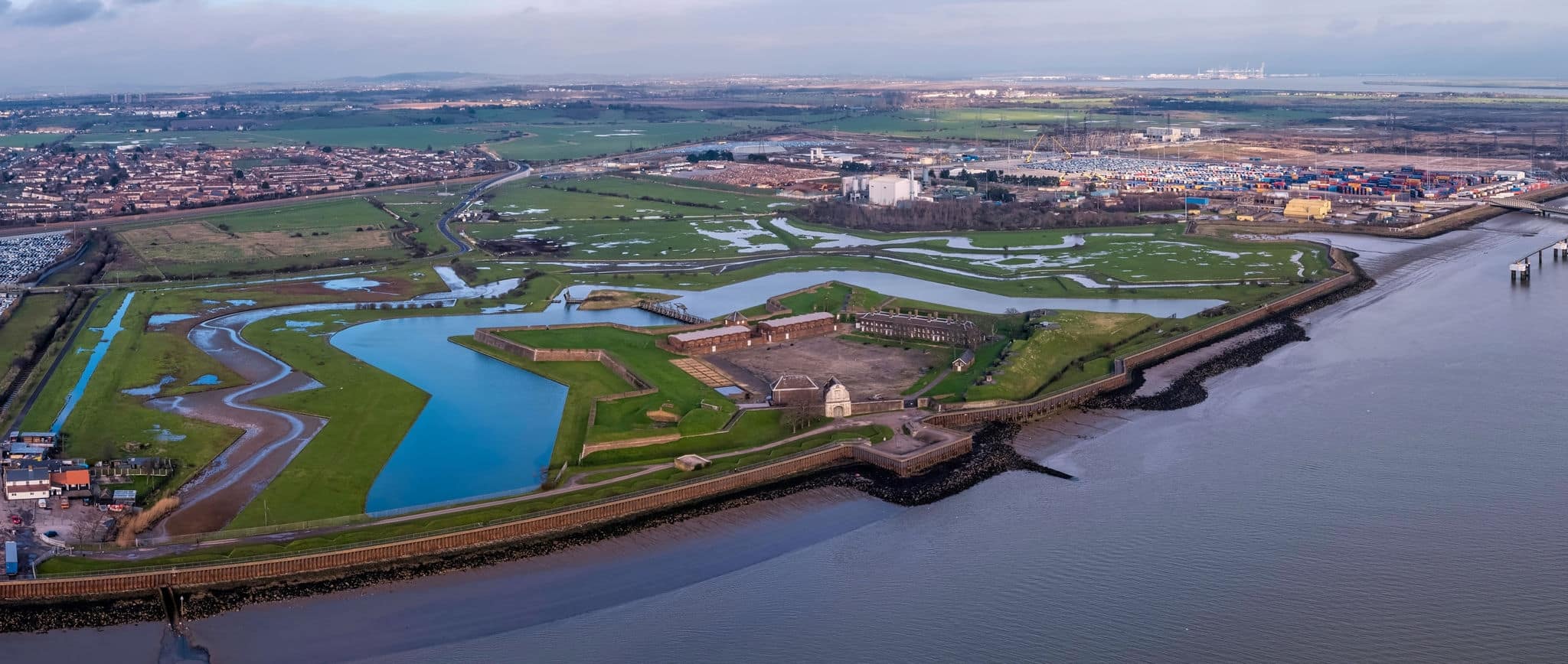 Aerial drone photo of Tilbury Fort at sunset