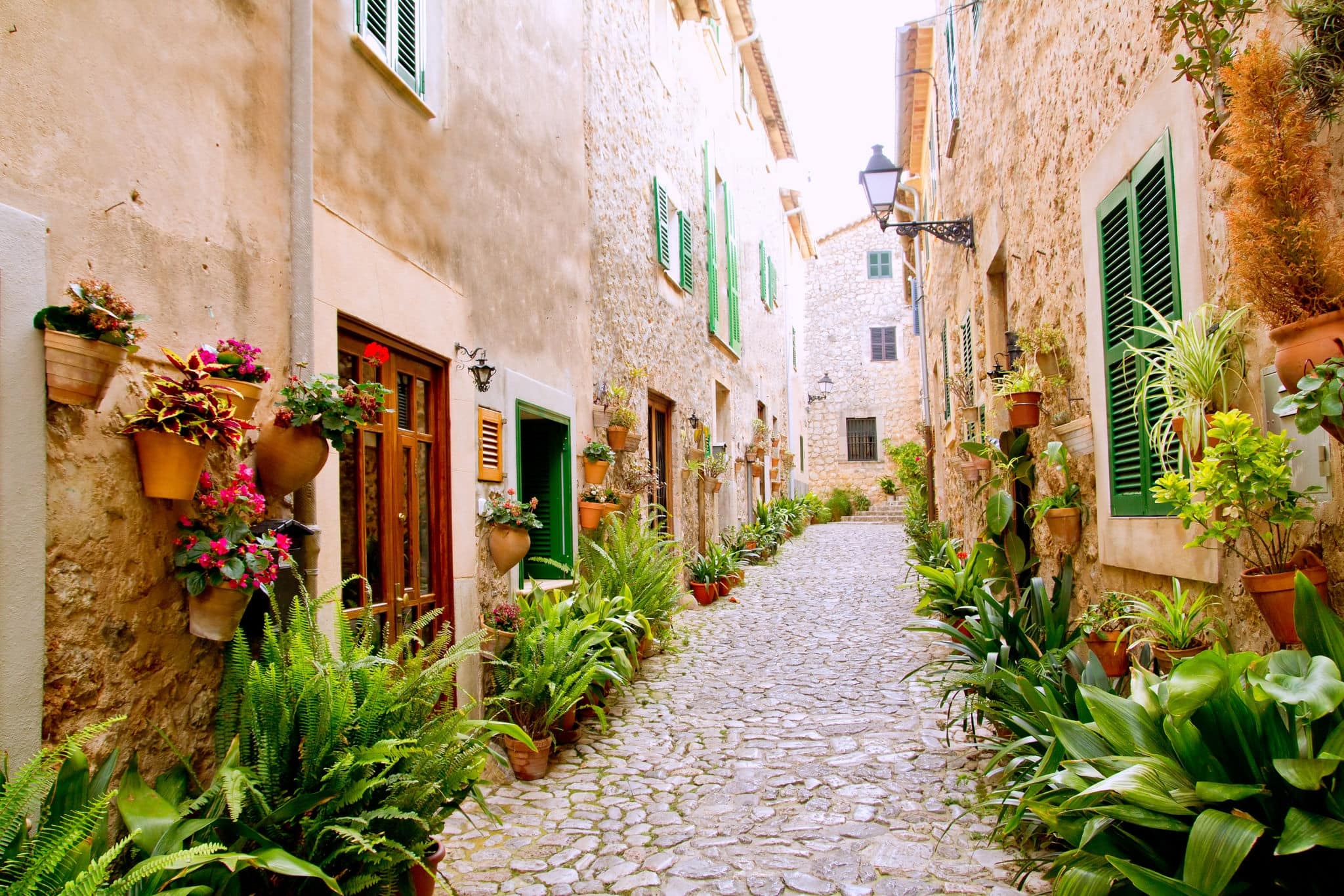 Majorca Valldemossa typical village with flower pots in facades at Spain