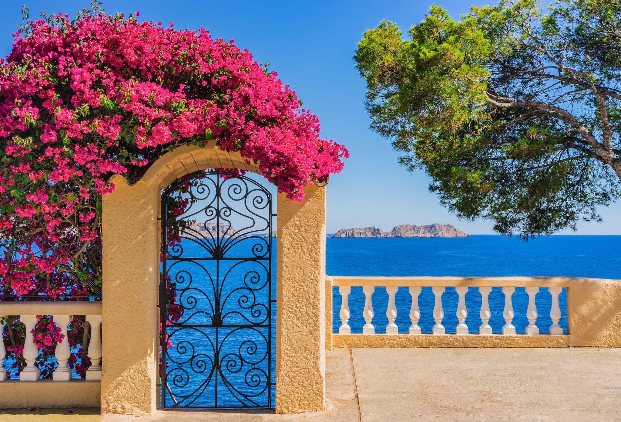 Idyllic sea view of the Mediterranean Sea Spain, at the coastline of Majorca island, Balearic Islands.