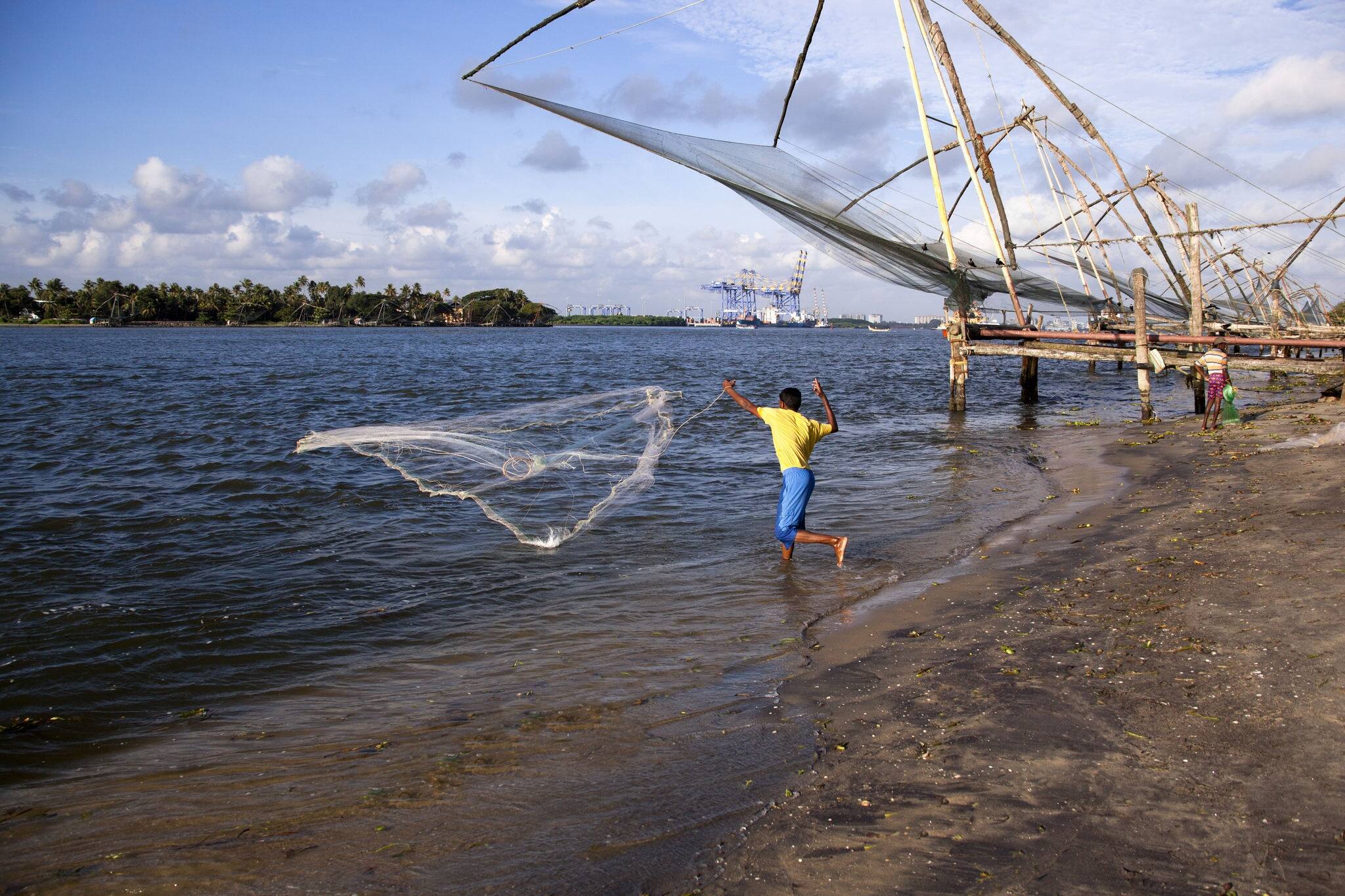 Fisherman fishing in the sea, Cochin, Kerala, India
