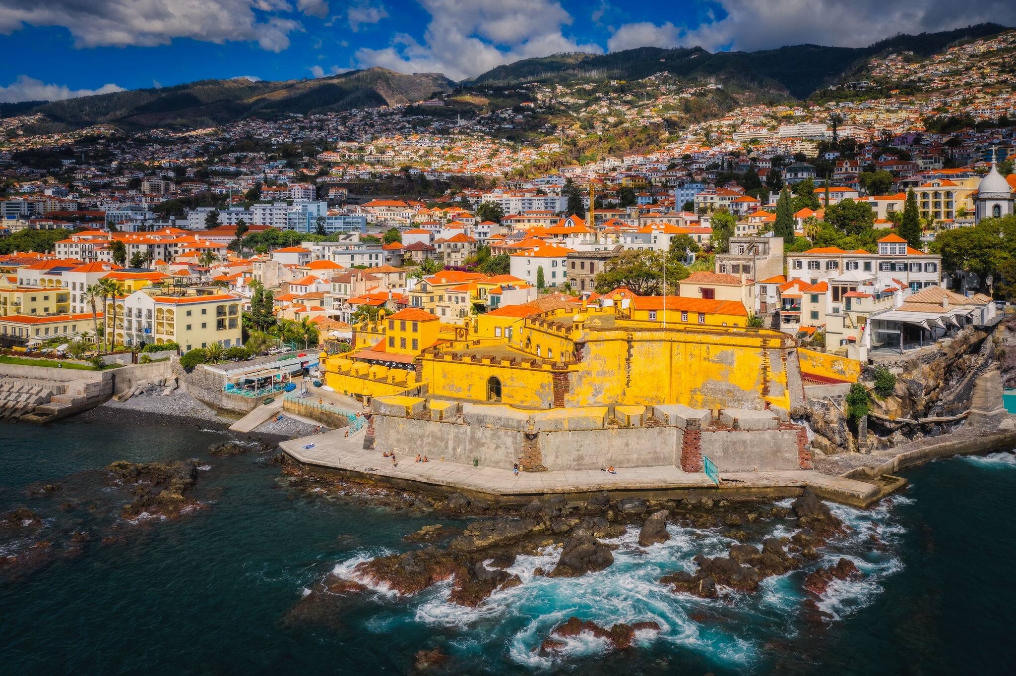 Aerial drone view of old castle Fortaleza de Sao Tiago. Funchal, Madeira, Portugal. October 2021