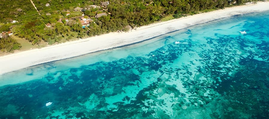 Aerial view of Diani Beach in Mombasa, Kenya.