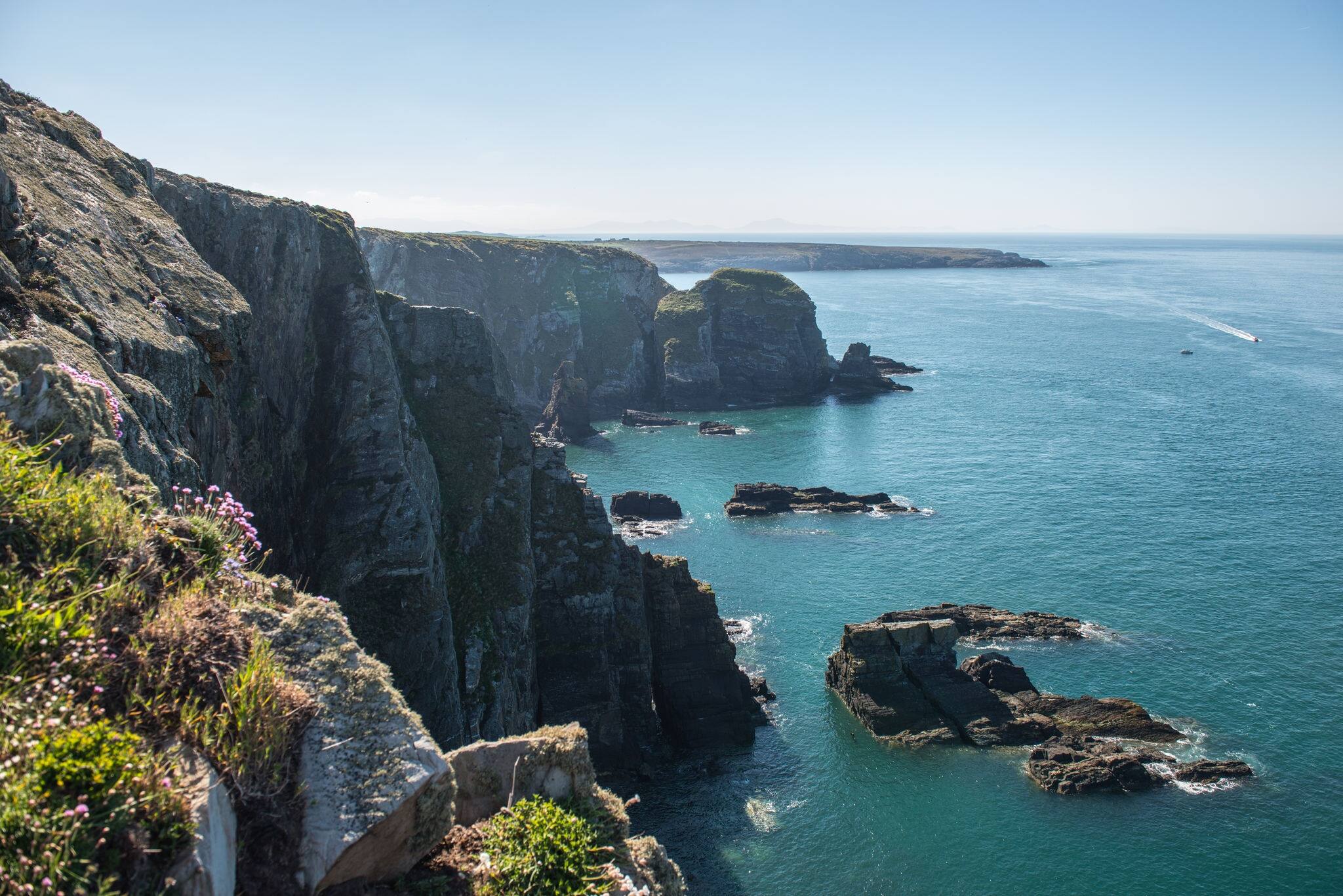 The panoramic view of South Stack Cliffs in Holyhead, Wales, UK 