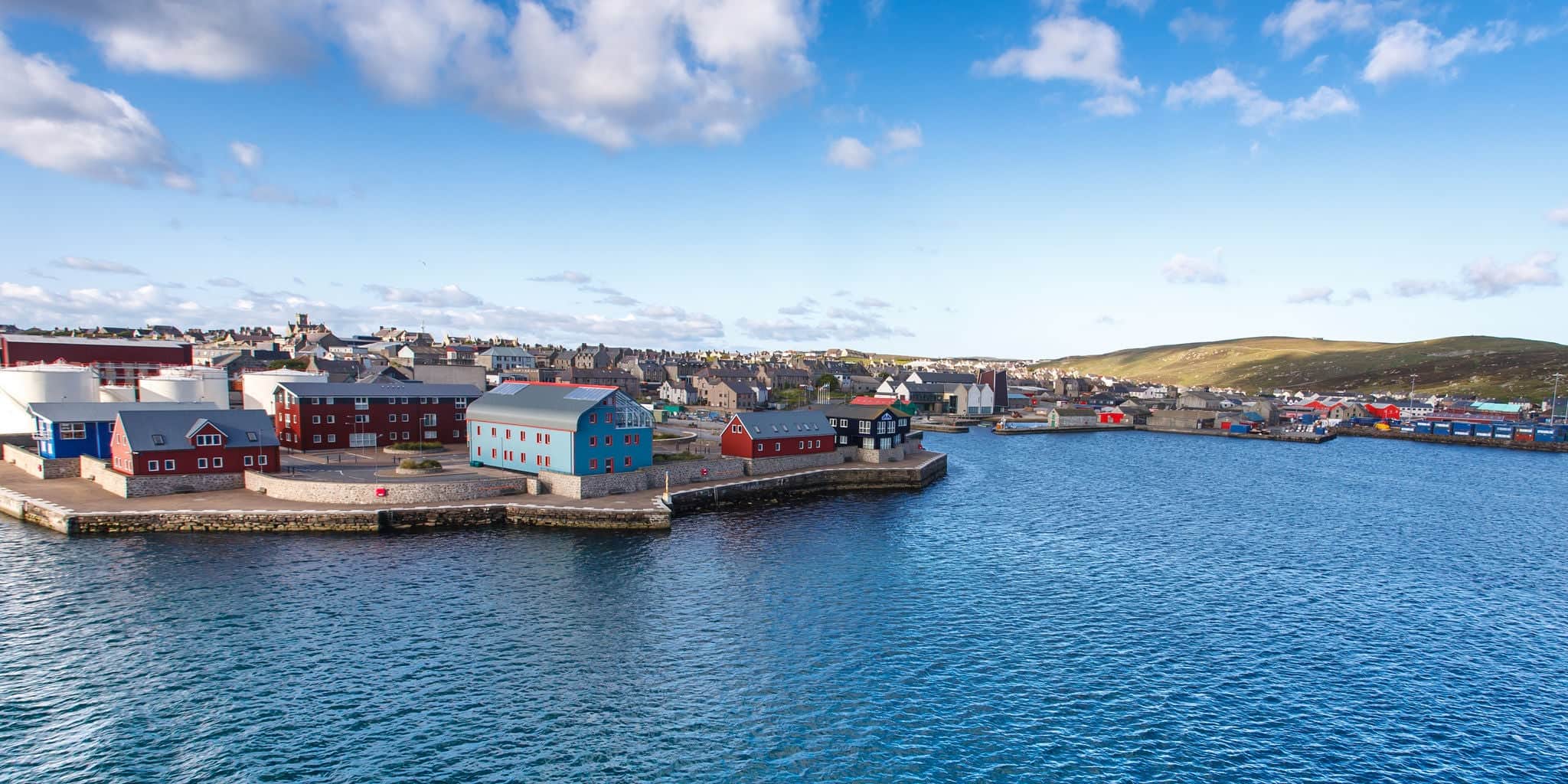 Panorama view of Lerwick town center under blue sky, Lerwick, Shetland, Scotland, United Kingdom