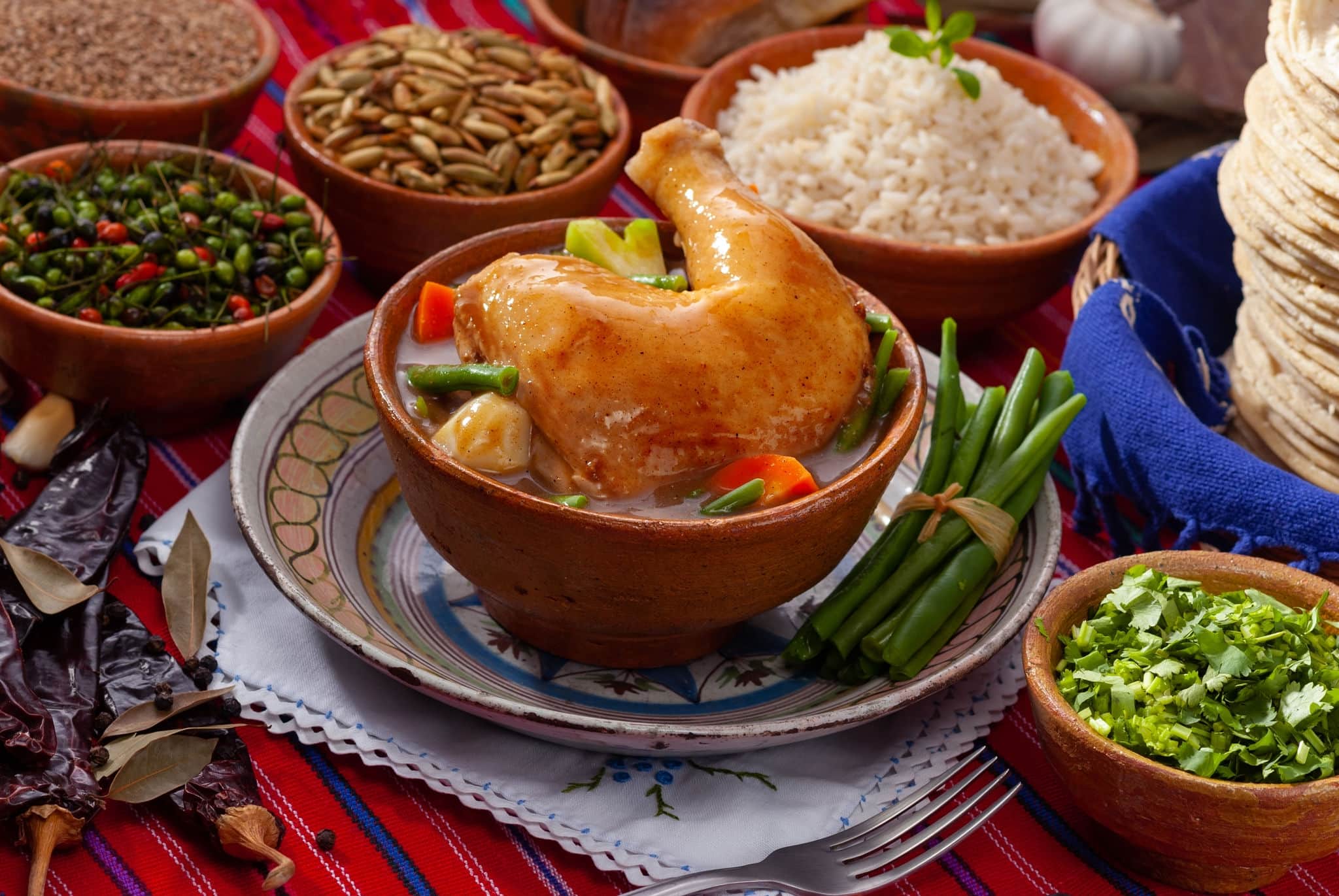 Pepián, a traditional dish of Guatemala gastronomy, served in a clay bowl on a typical red cloth accompanied by white rice, green beans, and tortillas.
