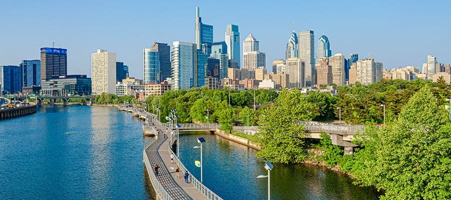 Skyline view of Philadelphia, Pennsylvania along the Schuylkill River.