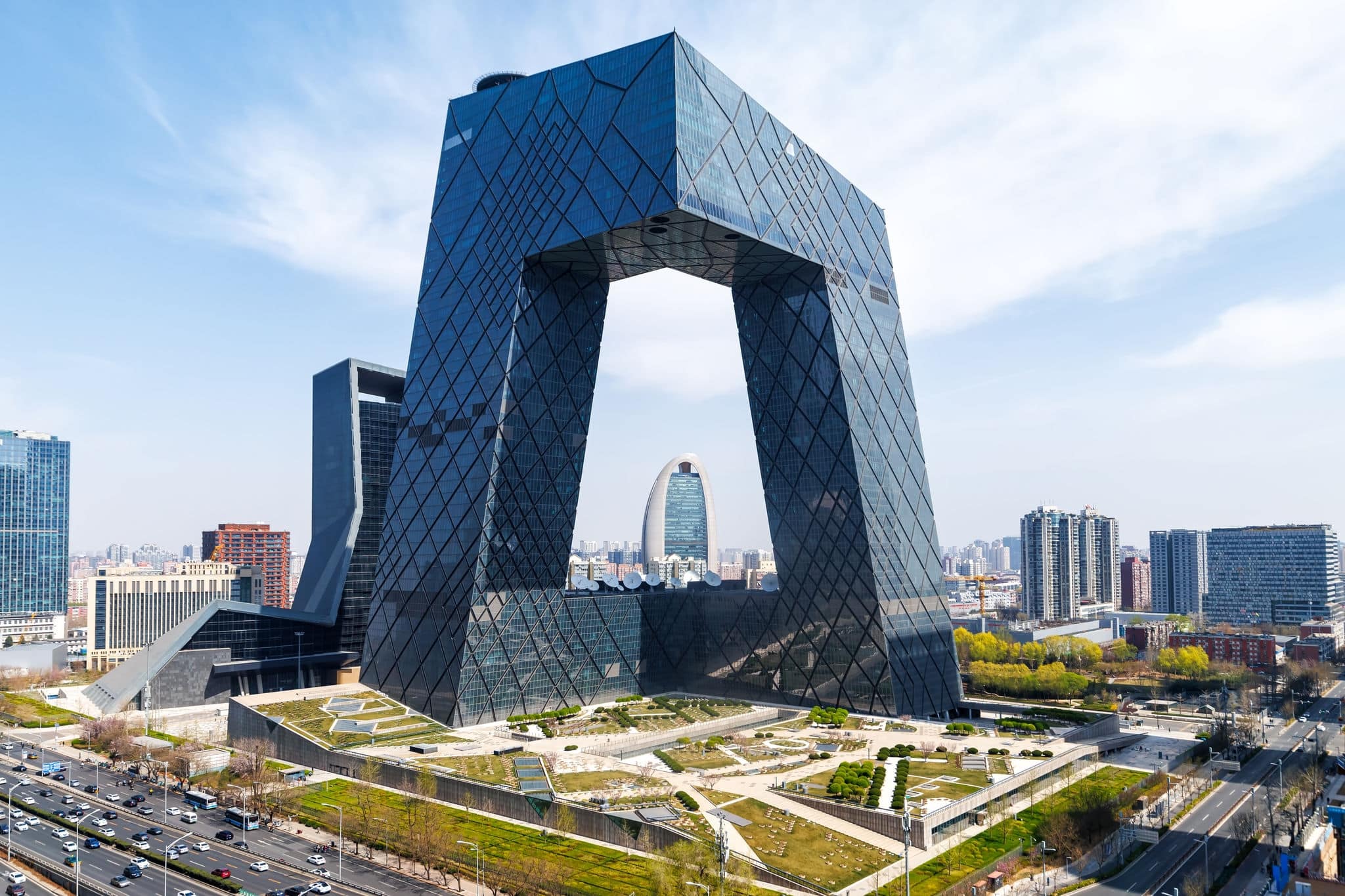 Beijing central business district CBD skyline with China Central Television CCTV headquarters HQ in Beijing, China
