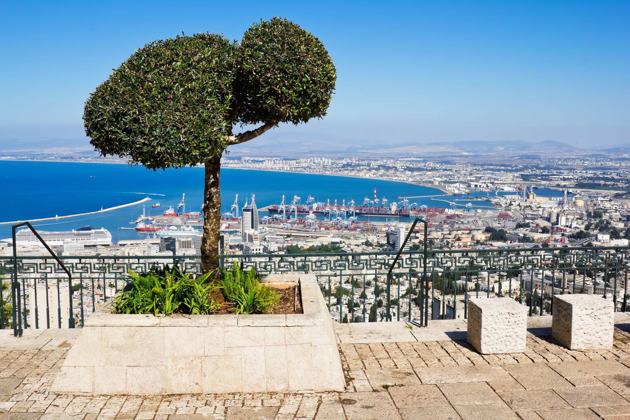 View from Mount Carmel to port and Haifa in Israel.Sunny Mediterranean landscape