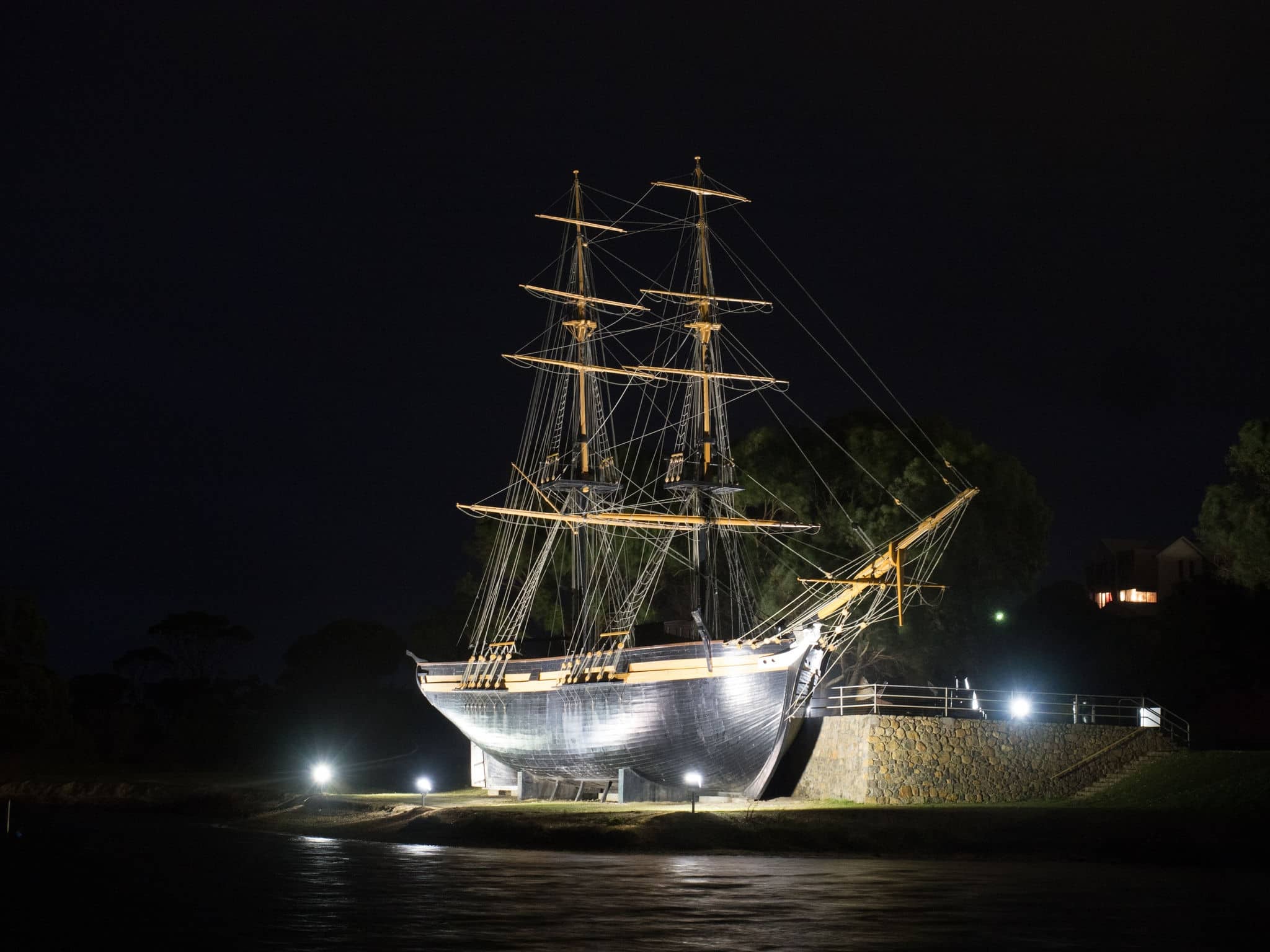 Replica of the Brig Amity at night in Albany, Western Australia