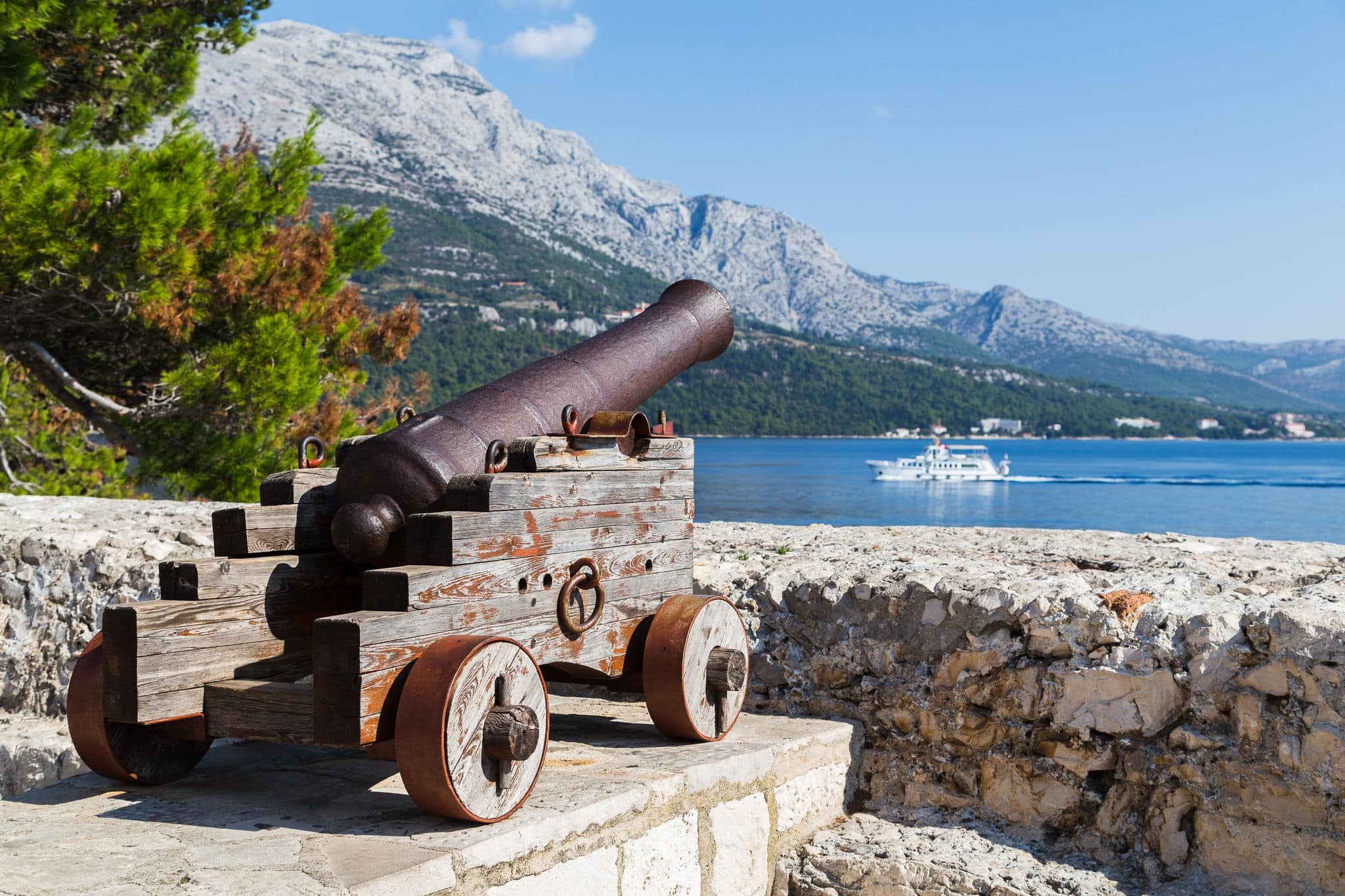 An old cannon on the edge of Korcula old town points out down the Peljesac Channel (the water which separates Korcula Island from the mainland of Croatia).