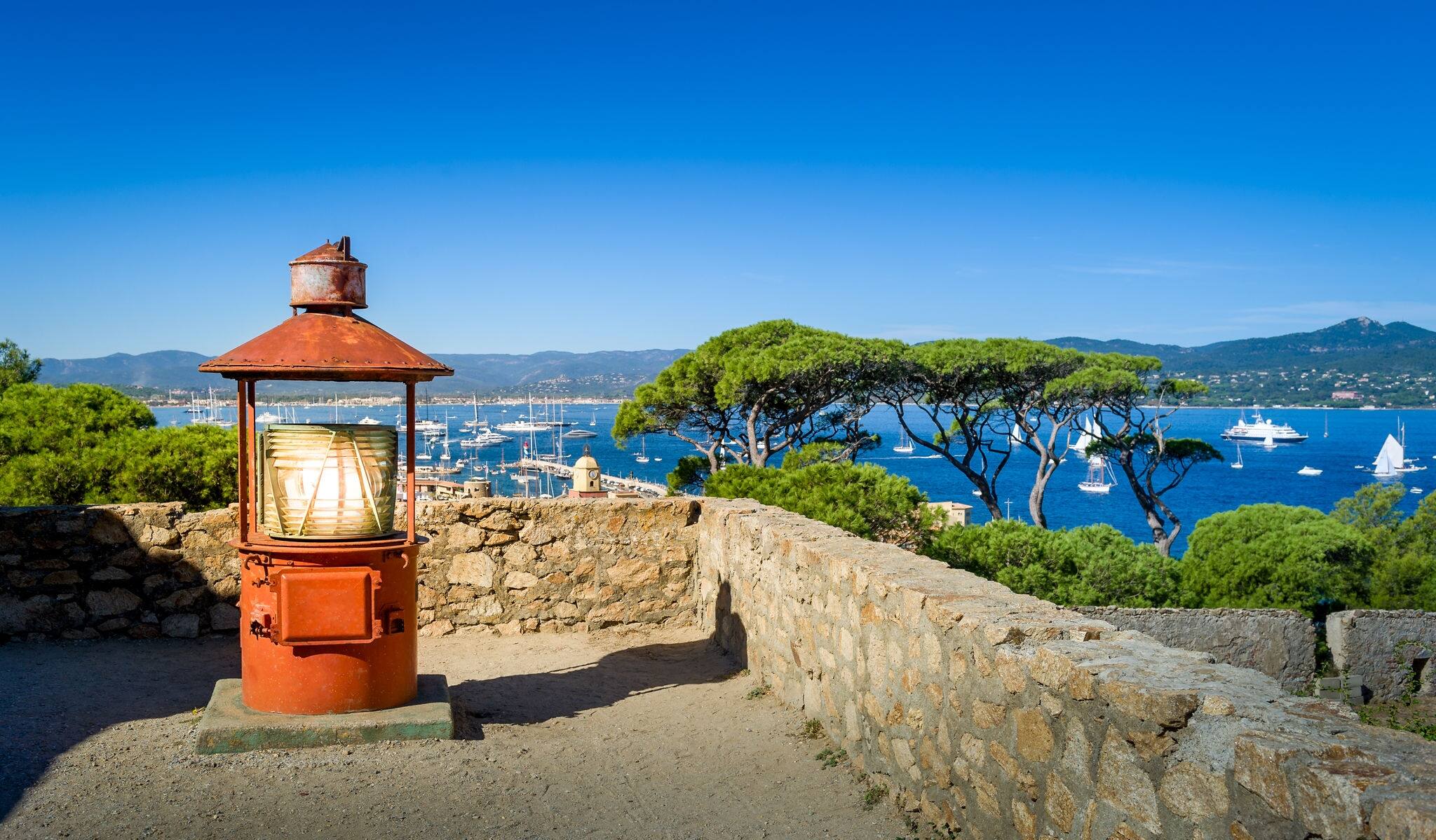 Old lighthouse at Saint-Tropez maritime museum fortress. Provence Cote d'Azur, France.