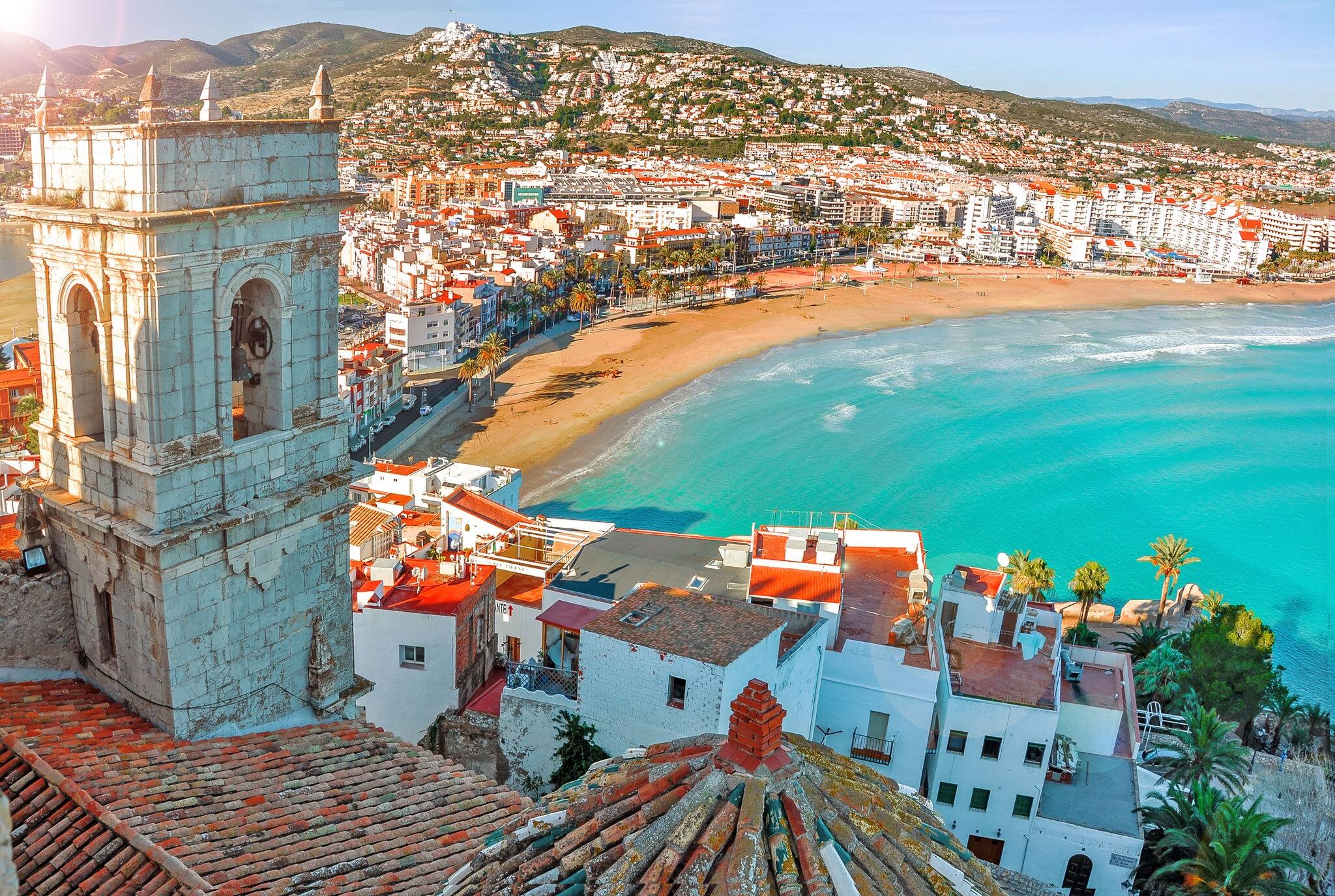 View of the sea from a height of Pope Luna's Castle. Valencian Community, Spain.  Peniscola. Castell. The medieval castle of the Knights Templar on the beach. Beautiful view of the sea and the bay.