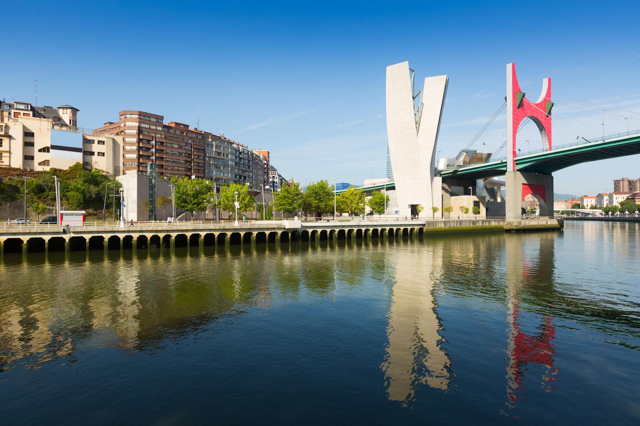 Day view of La Salve Bridge with Guggenheim Museum  in background. Bilbao, Spain