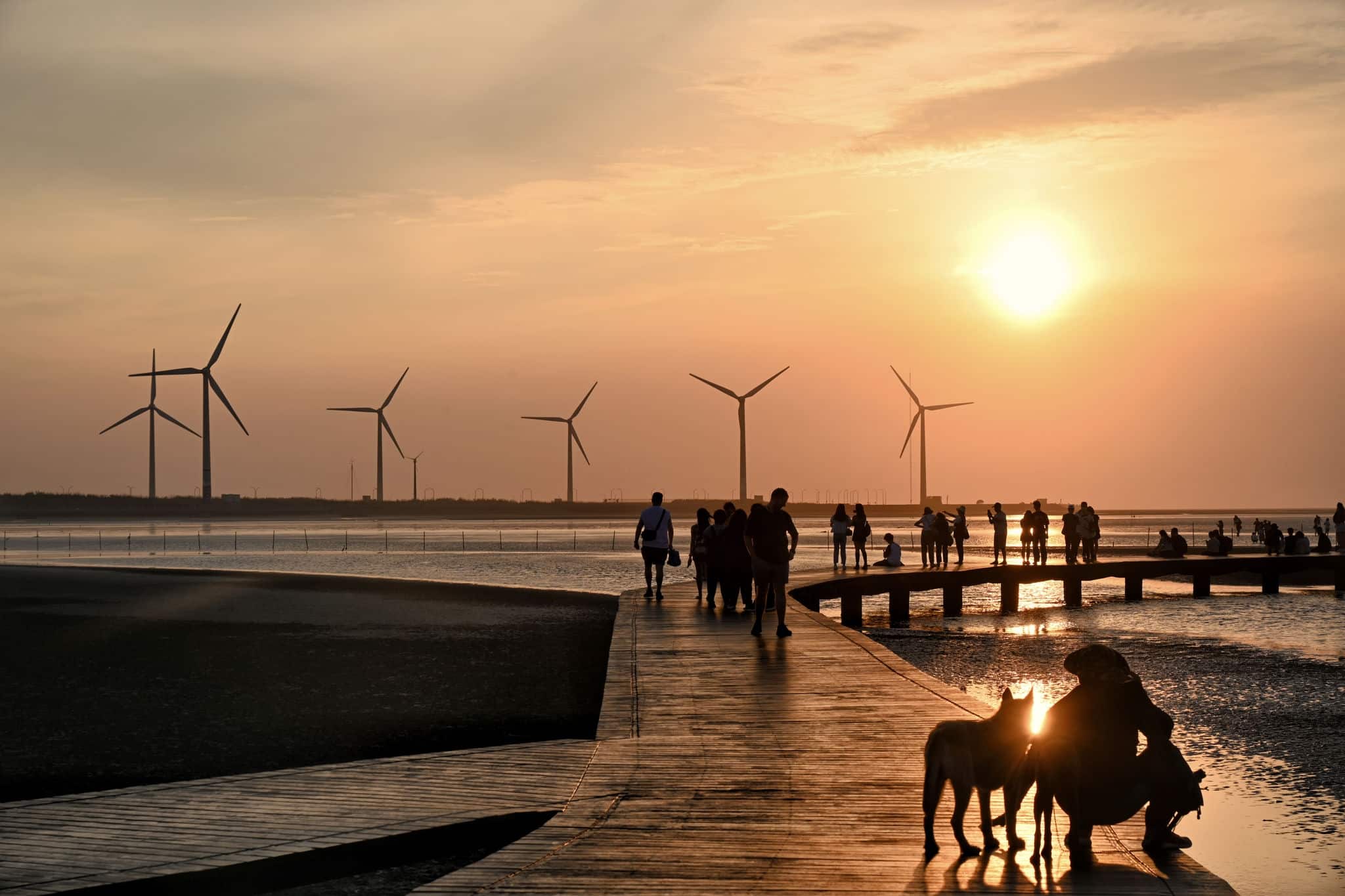 Serene sunset over the Gaomei Wetlands in Taichung, peaceful marshes and distant horizon create a tranquil scene.