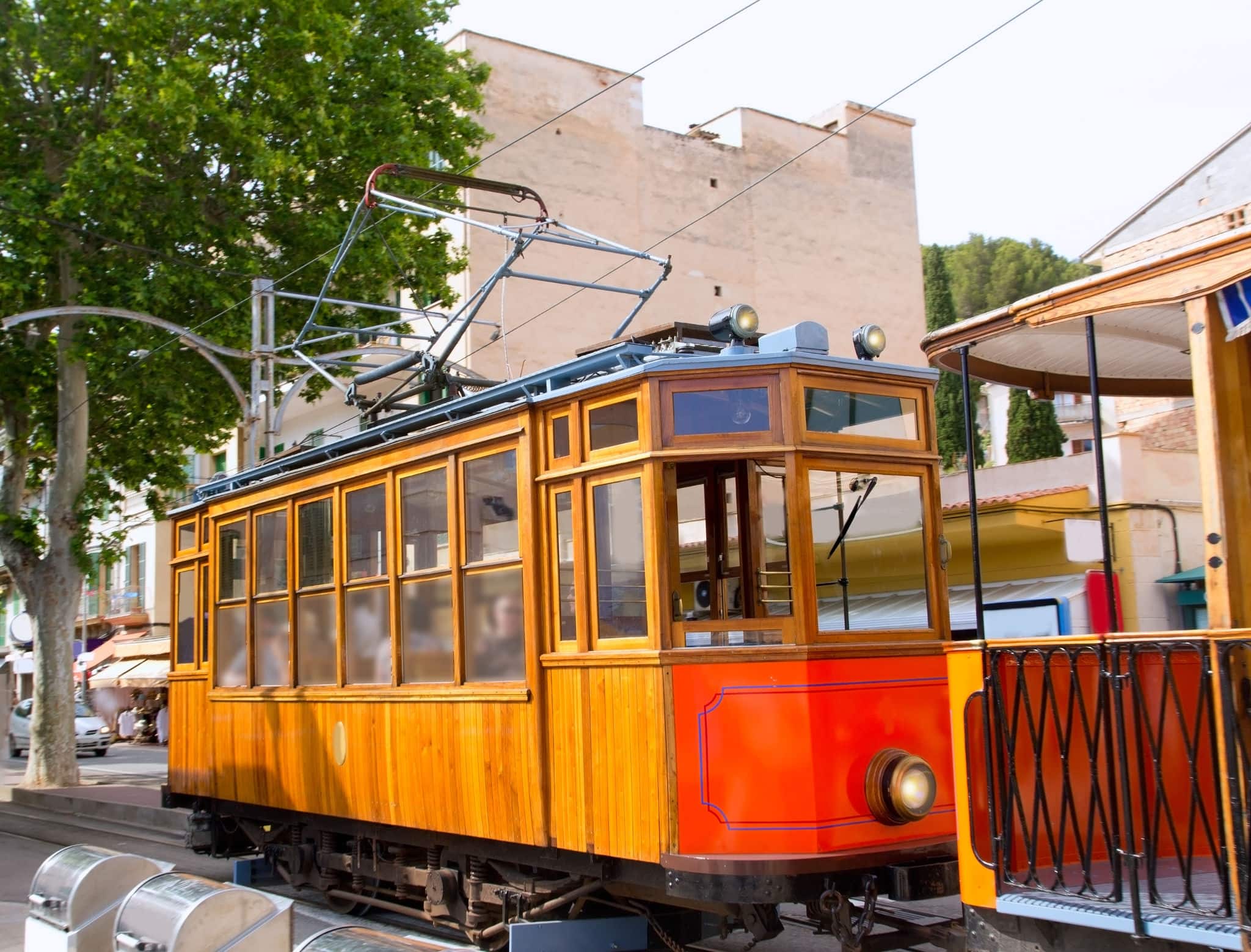 Classic wood tram train of Puerto de Soller in Mallorca island from Spain