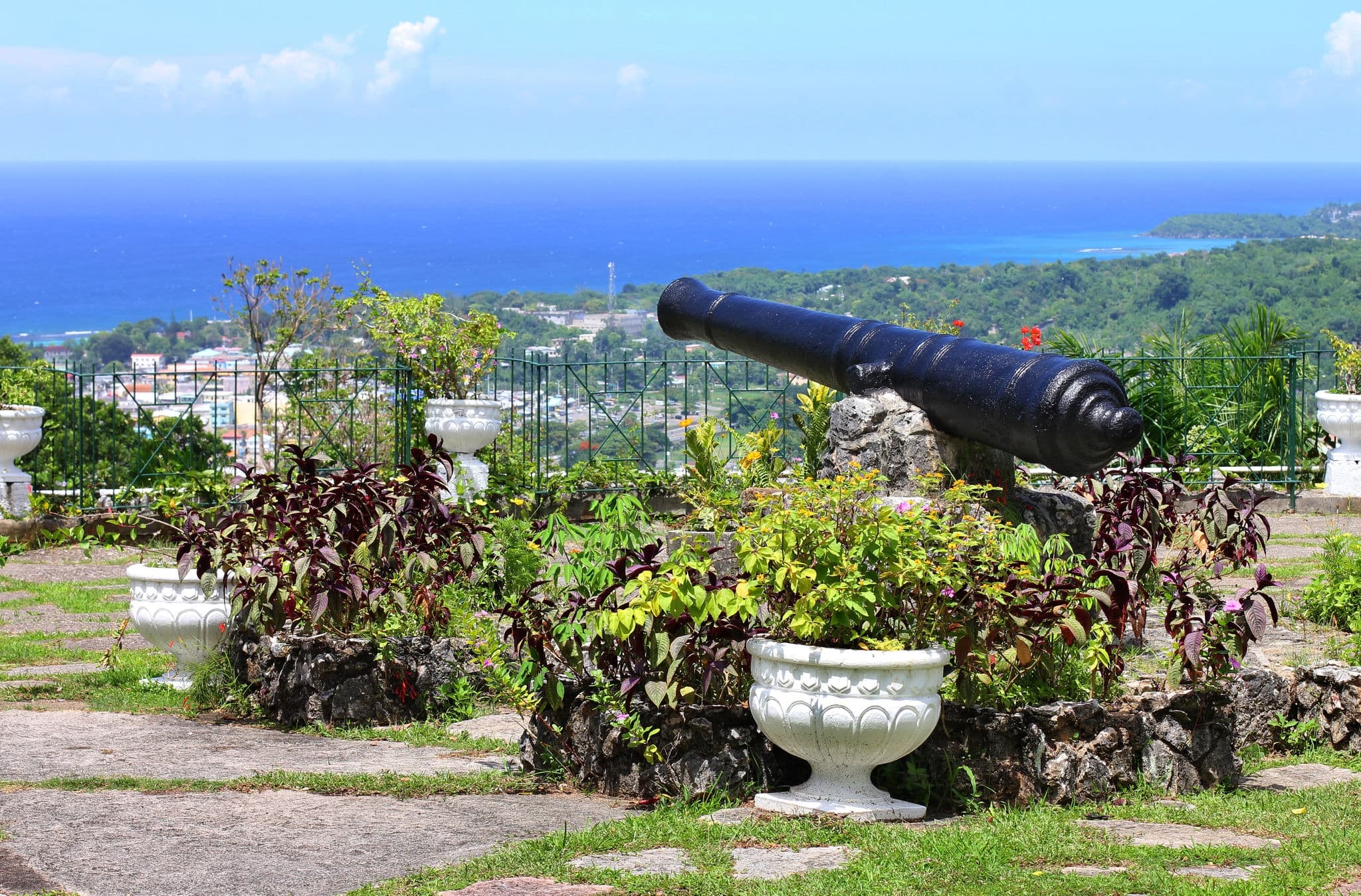 The scenic view over Ocho Rios port town from Shaw Park Botanical Gardens, Jamaica.