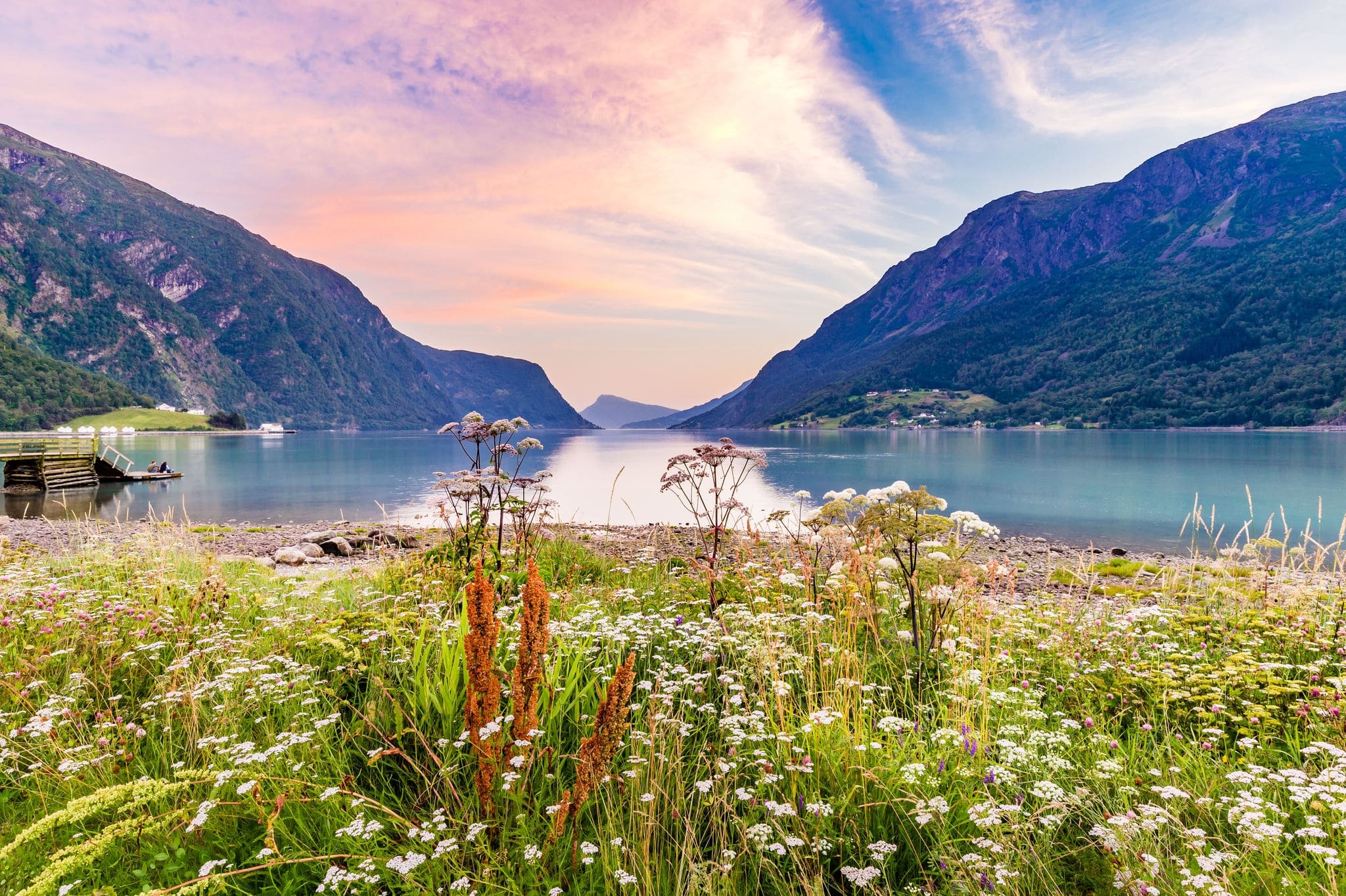 View on beautiful Sognefjord during sunset from Skjolden Sogn og Fjordane county in Western Norway