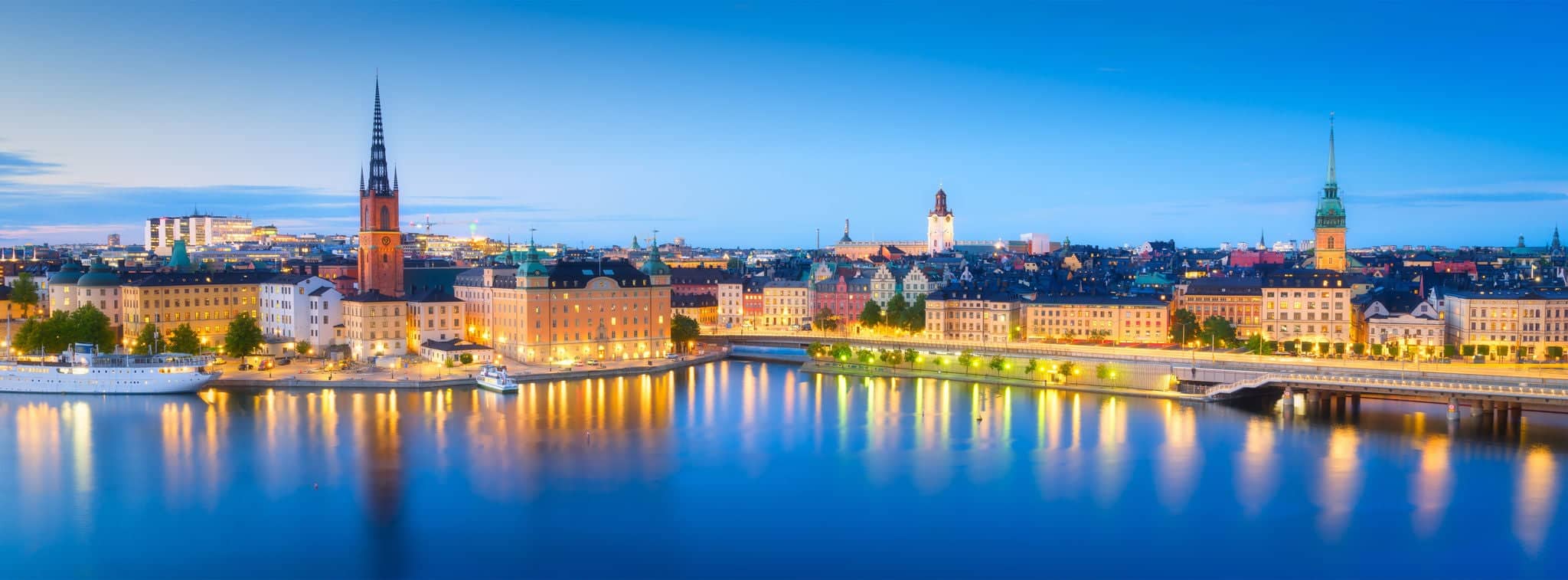 Stockholm, Sweden. Panoramic view of the Gamla Stan. The capital of Sweden. Cityscape during the blue hour. View of the old town in Stockholm. Large resolution photo for background and wallpaper. 