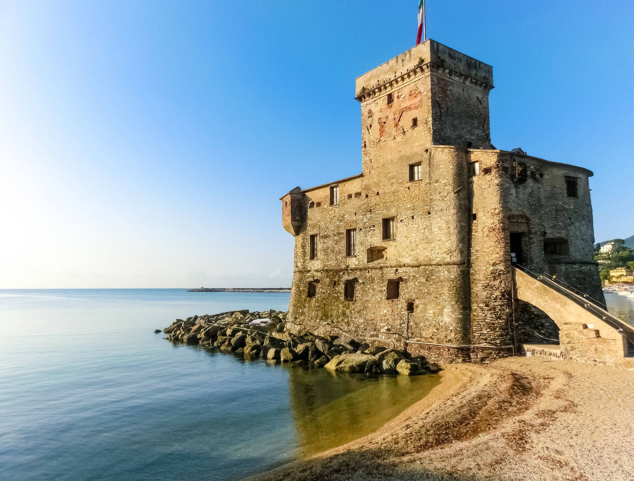 The italian castle on sea at Rapallo , Liguria Genoa, Tigullio gulf near Portofino at Italy .
