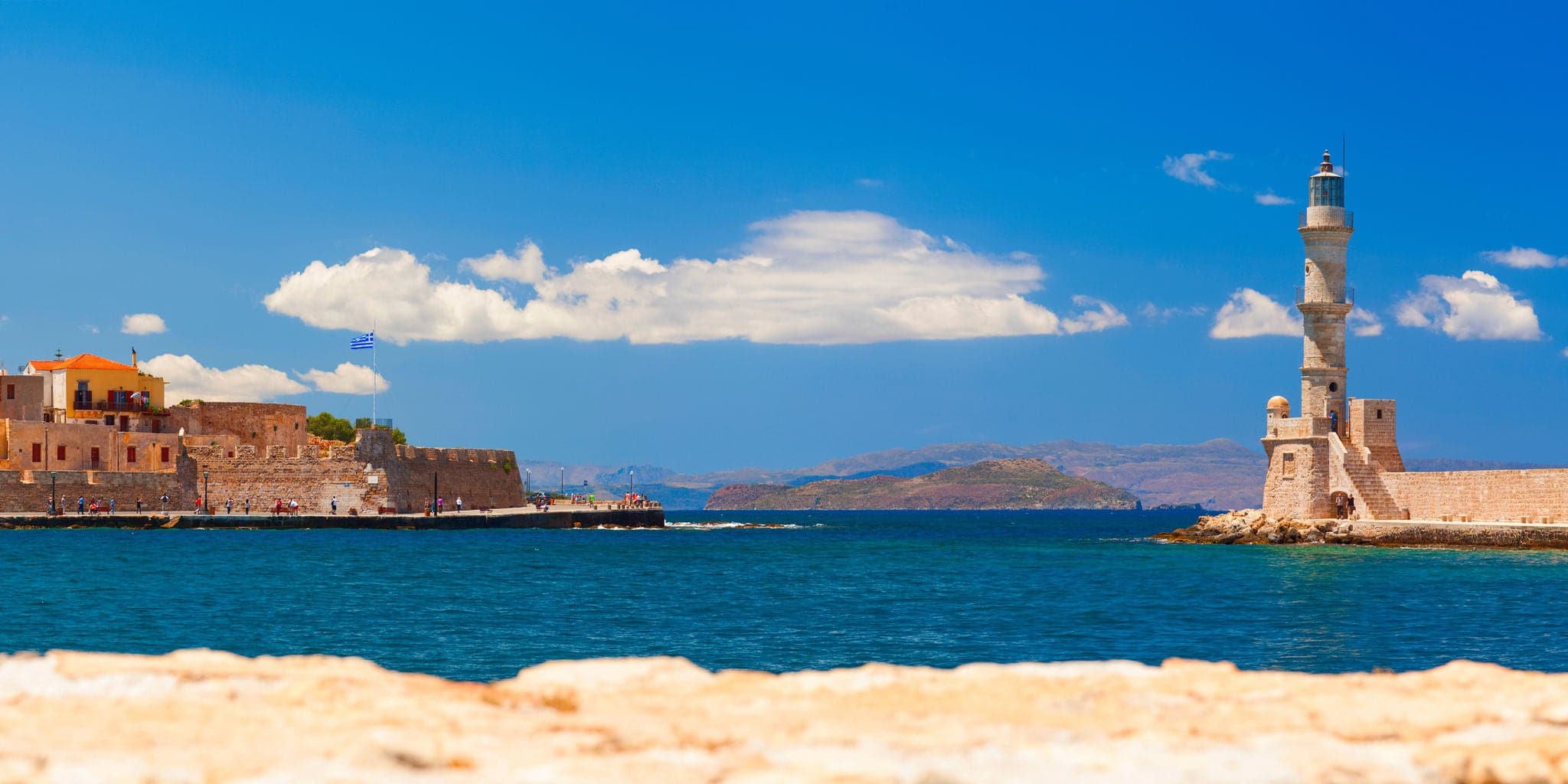 Lighthouse and main town quay panoramic view. Chania, Crete. Greece.