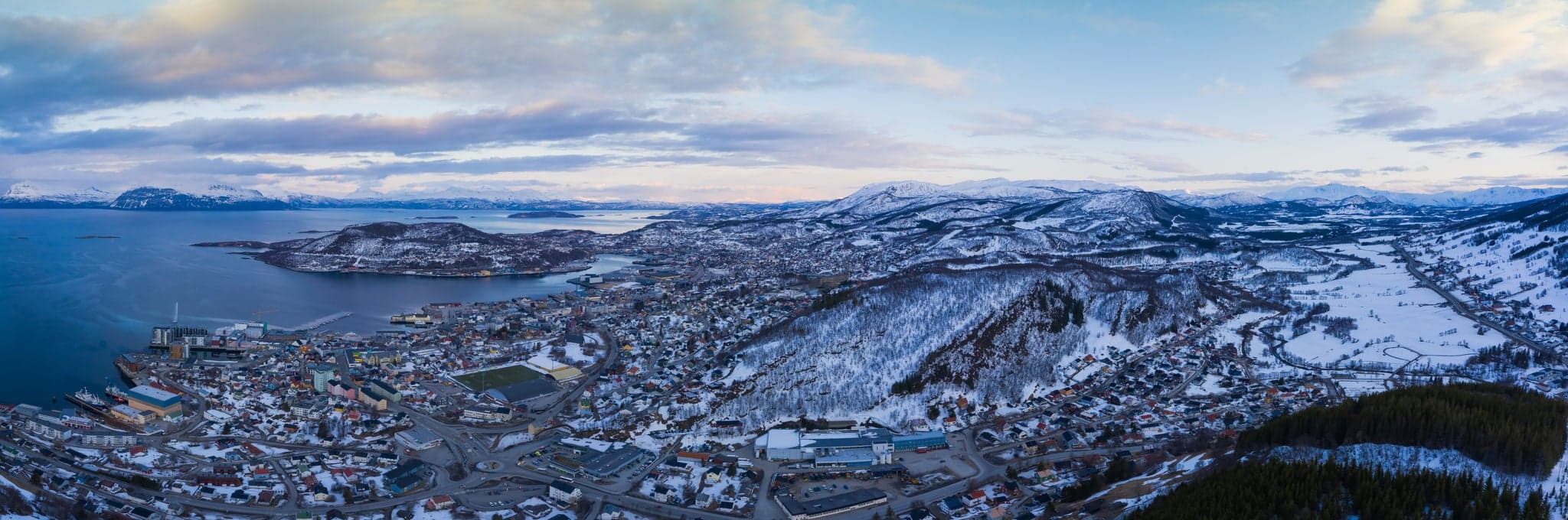 Aerial panorama photo of Harstad city. Harstad is the 3rd largest city in Nothern Norway, and is on Norways larges island. May 2020.