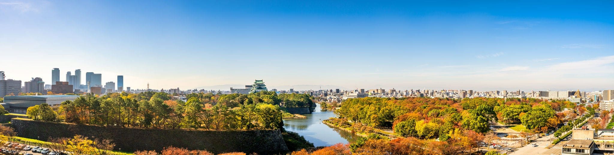 Aerial panorama of Nagoya city with Nagoya castle. Japan