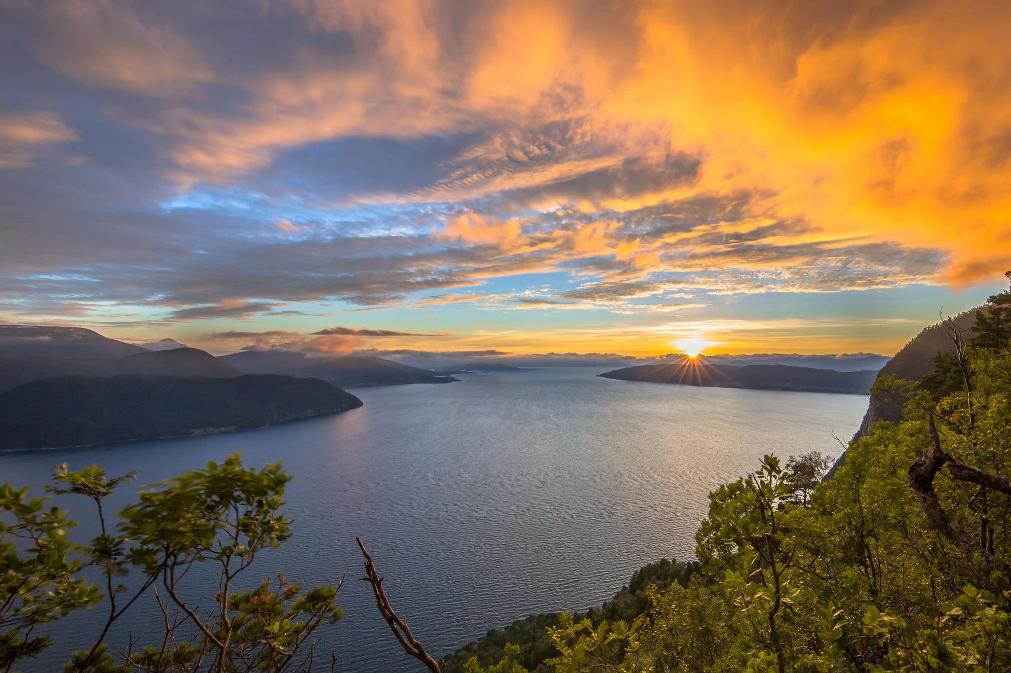 Aerial view of Norwegian fjords at sunset in Romsdalsfjord near Vestnes Norway