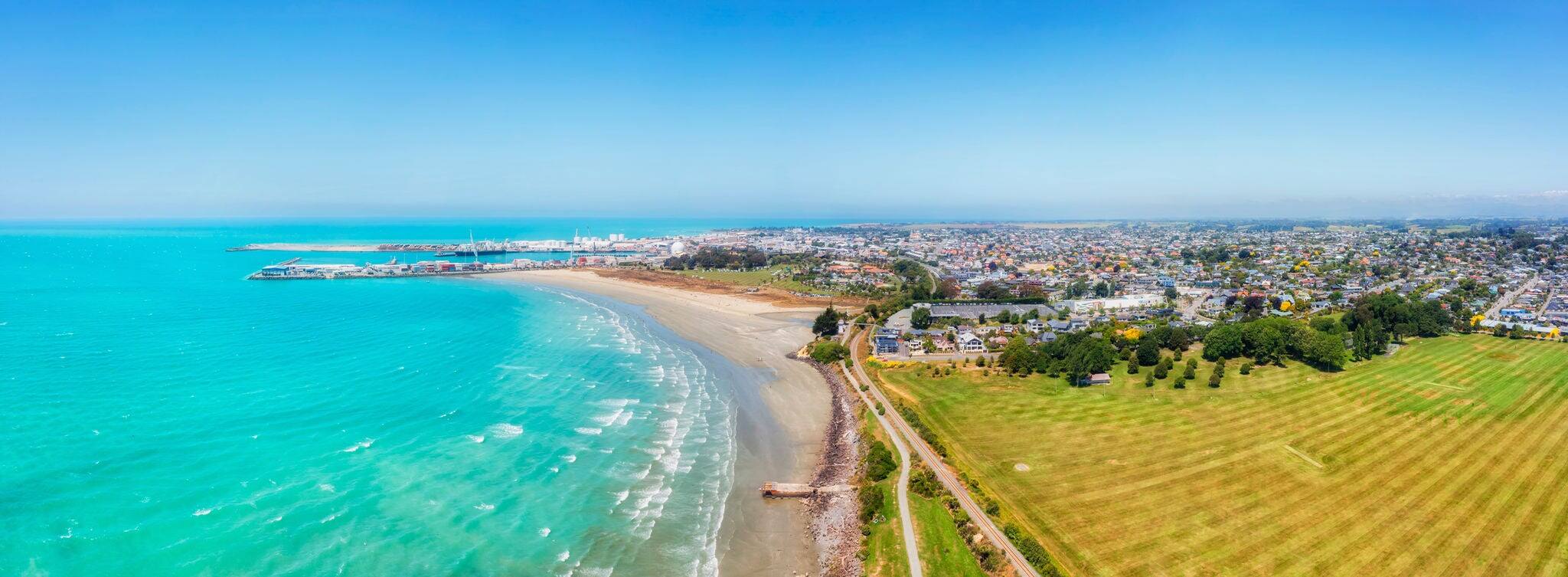NCL-Timaru-Cruise-Hero Timaru industrial port town on Pacific East coast of South Island in New Zealand - scenic aerial panorama.