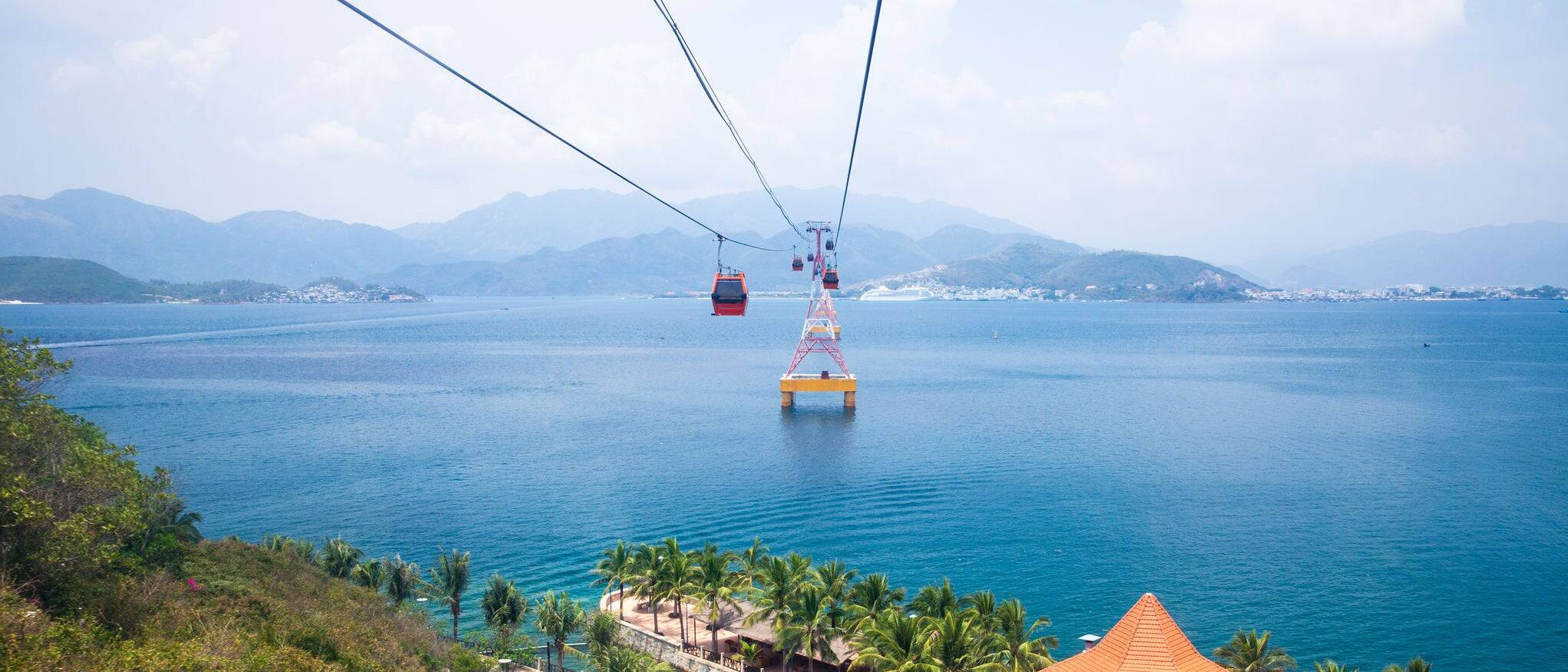 One of the world's longest cable car, leading to Vinpearl Amusement Park, view from cabin.  Nha Trang, Vietnam.