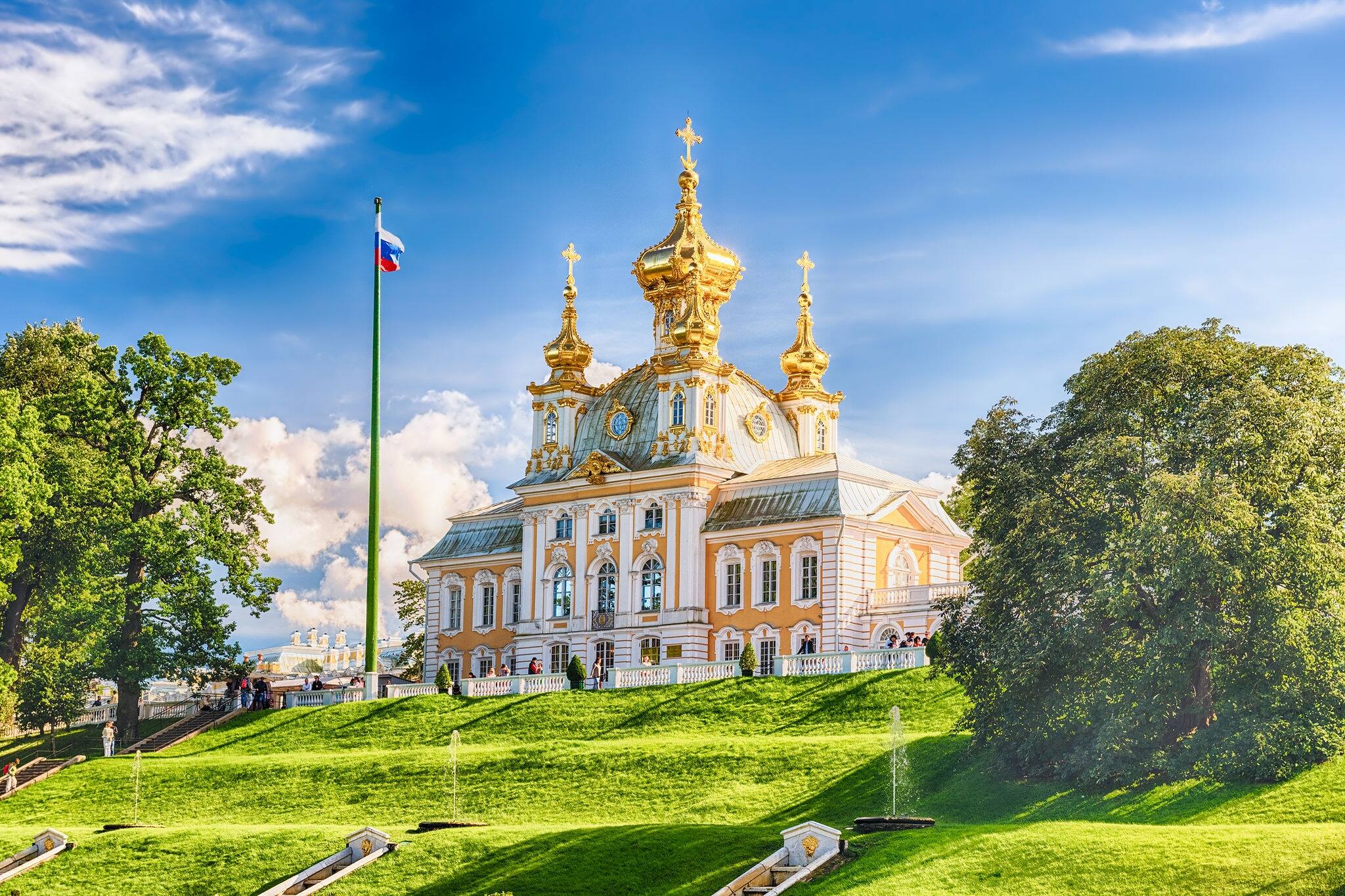 PETERHOF, RUSSIA - AUGUST 28: View of the Church of Grand Palace in Peterhof, Russia, on August 28, 2016. The Peterhof Palace and Gardens complex is recognized as a UNESCO World Heritage Site