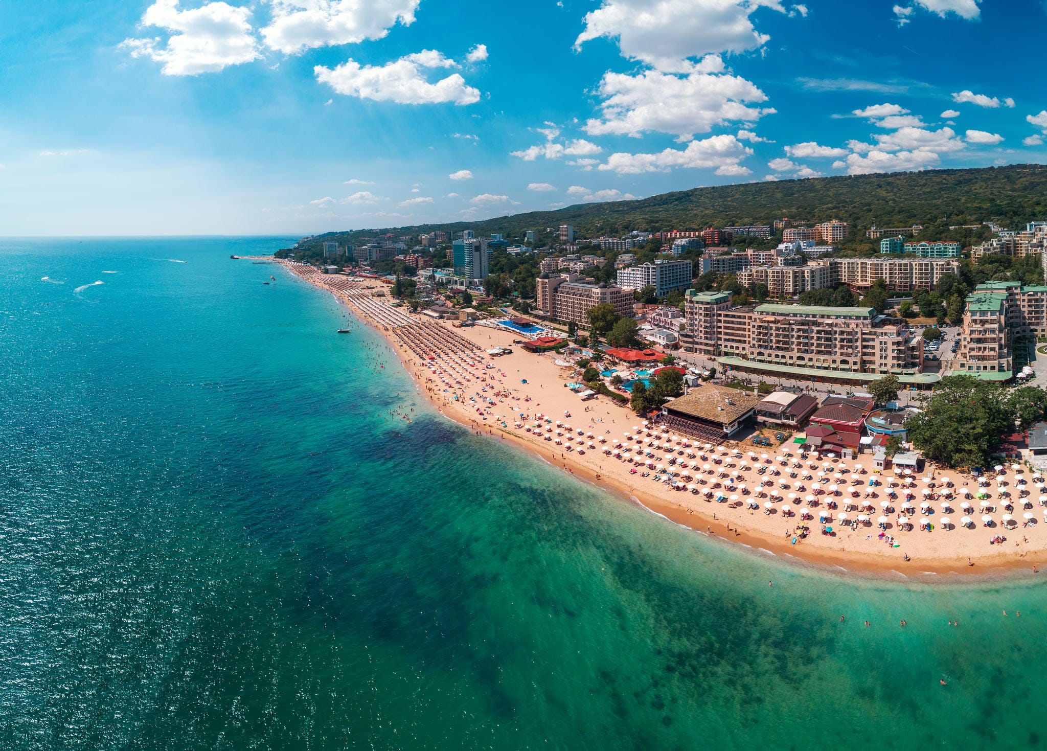 Aerial view of Golden Sands beach resort , Zlatni Piasacithe near Varna, Bulgaria