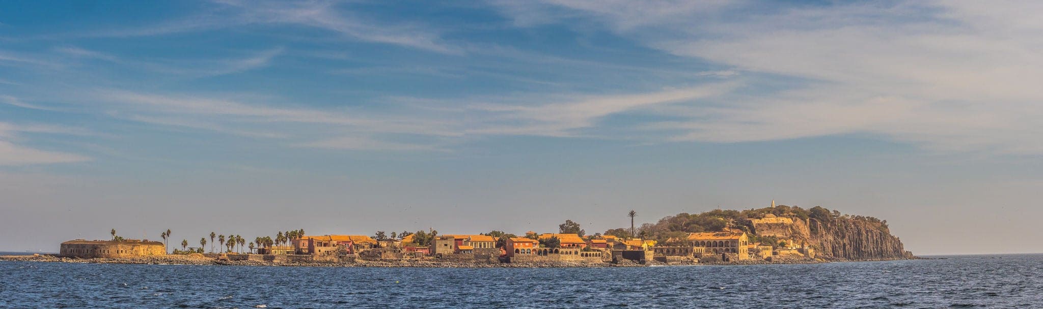 Panoramic view of island Goree with colorful houses and fort. Gorée. Dakar, Senegal. Africa.