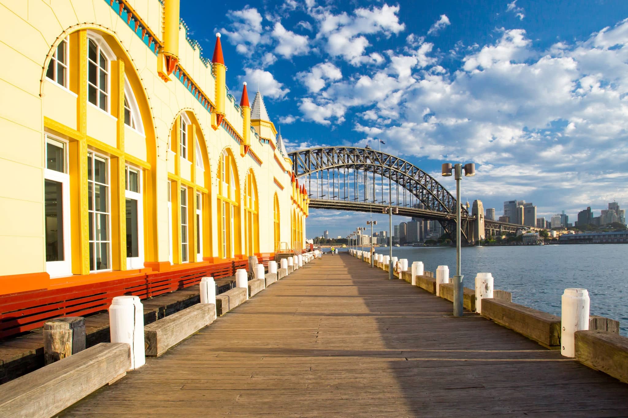 A view towards Sydney CBD from a boardwalk next to Luna Park in Sydney, Australia