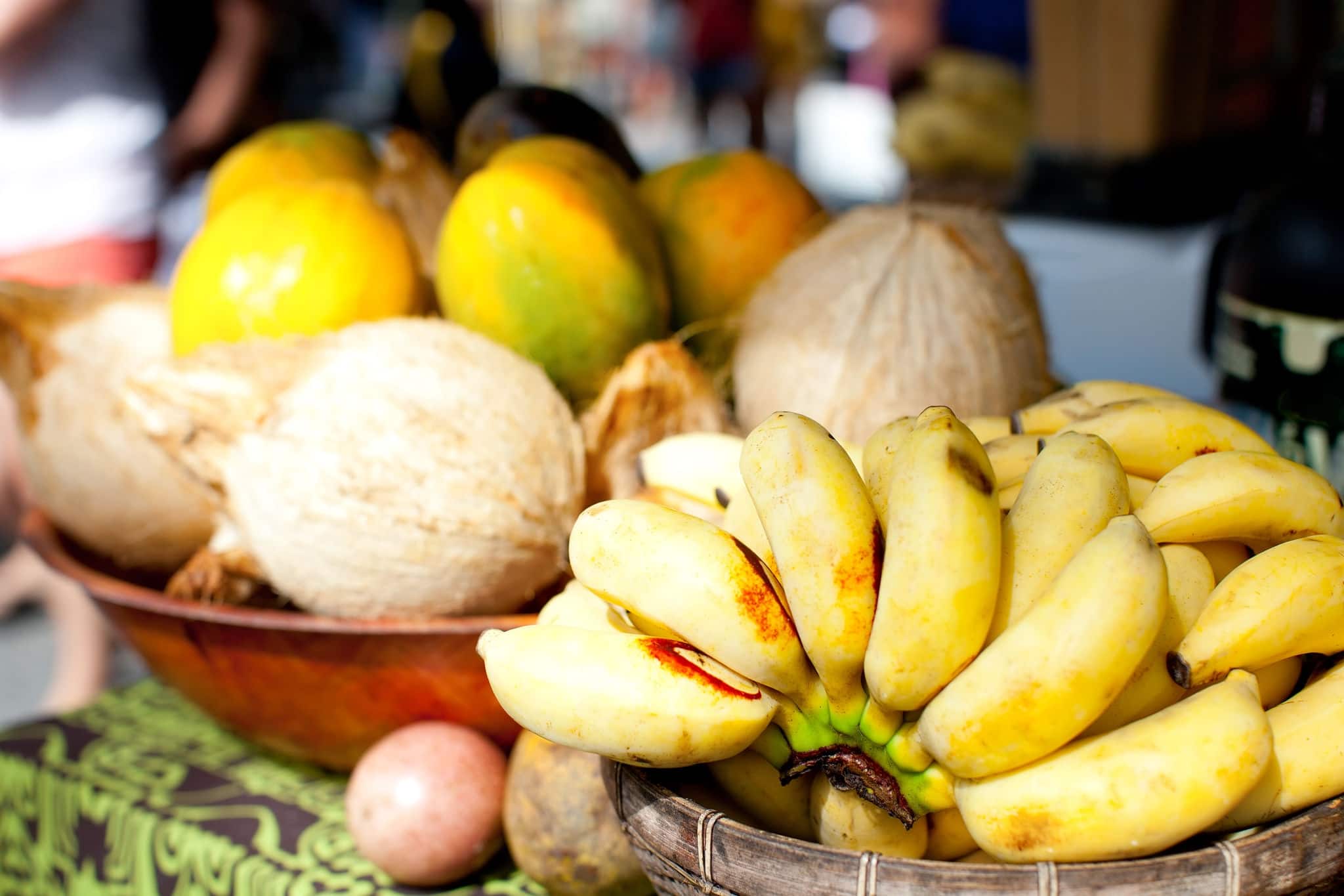 bananas, coconuts and other exotic fruits at farmer market