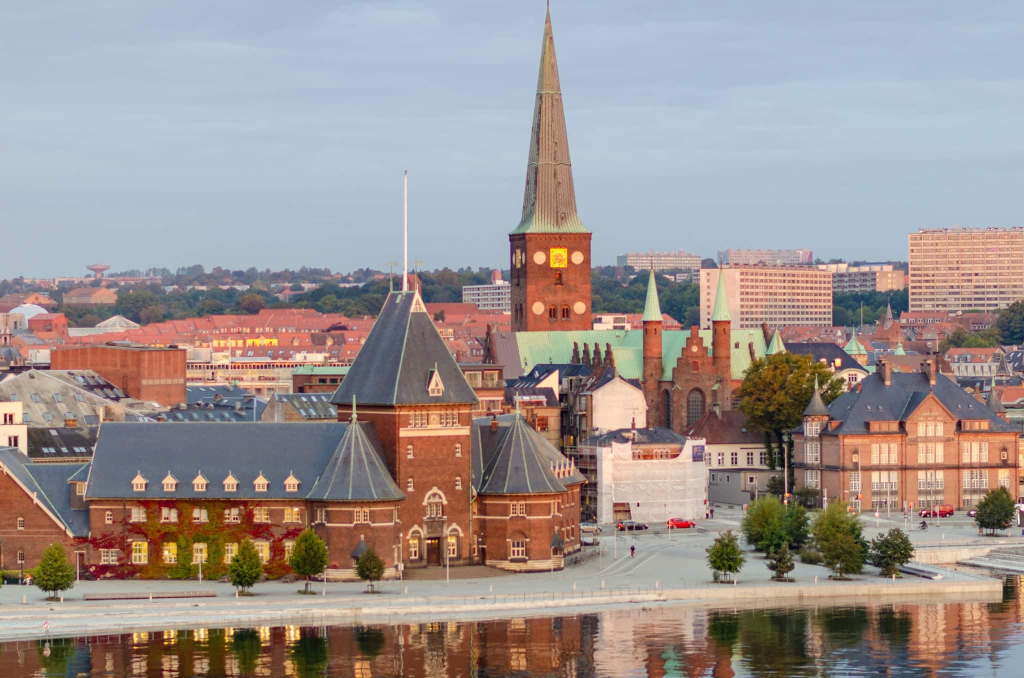 Aarhus, Denmark: Aerial view of waterfront with Aarhus cathedral and historical building Toldboden