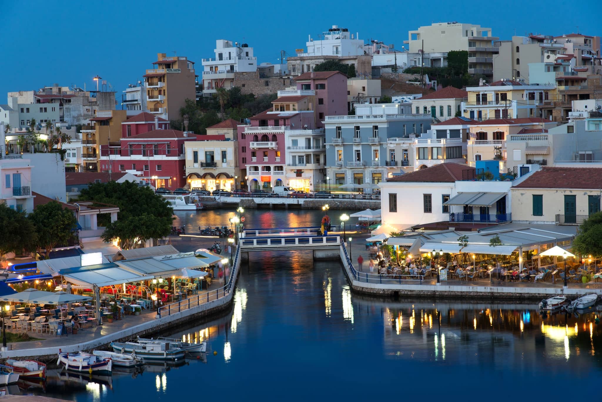 Aghios Nikolaos night view - picturesque town in the eastern of island Crete built on the northwest side of the peaceful bay of Mirabello