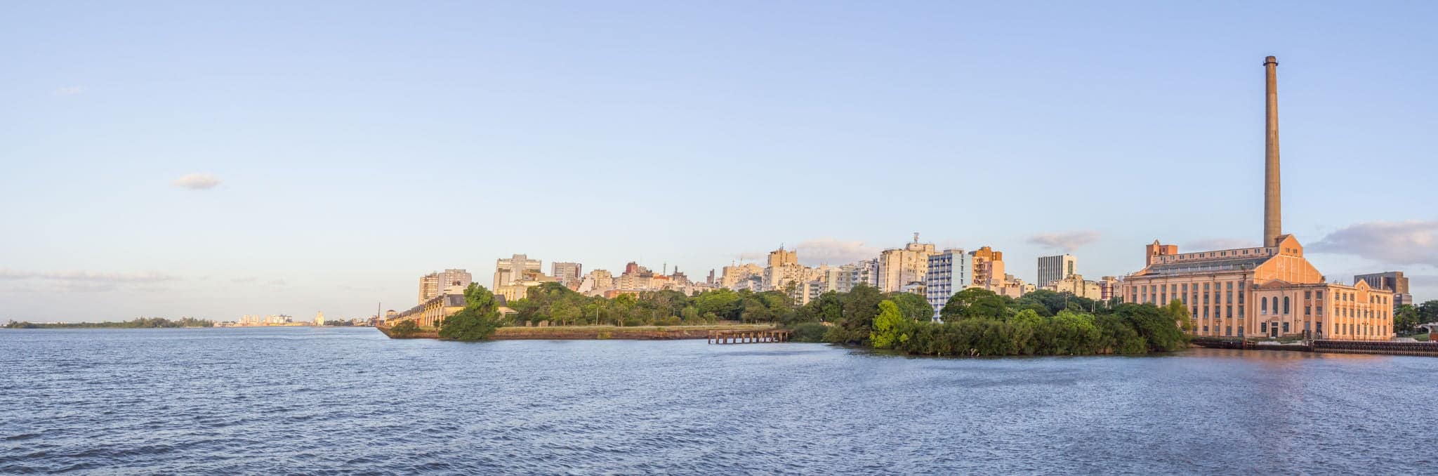 Cityview with Gasometro and Guaiba Lake at sunset, Porto Alegre, Rio Grande do Sul, Brazil