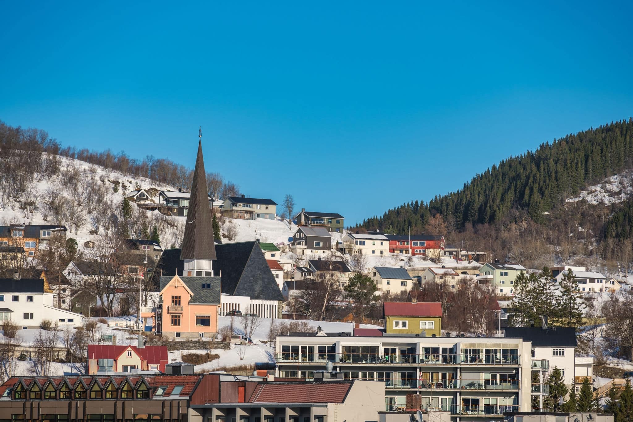 Harstad Norway skyline at city center and harbor