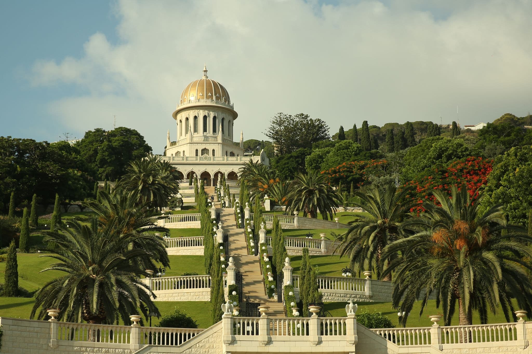 Bahai Gardens and the Golden Dome of the Bahai Temple. Sights and cultural objects of Israel. Place of pilgrimage Haifa and Acre. Gardens of followers of the Bahai religion.
