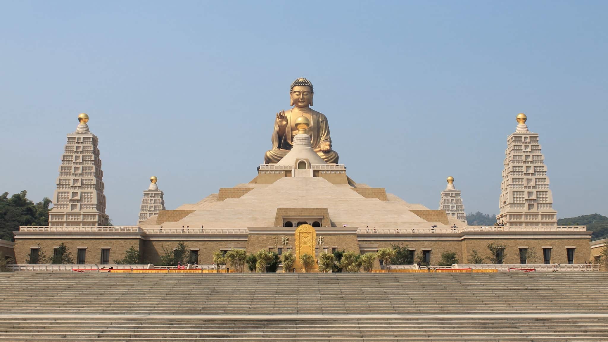 Wide view of the main Buddha sculpture of the Fo Guang Shan Buddha memorial center Kaohsiung