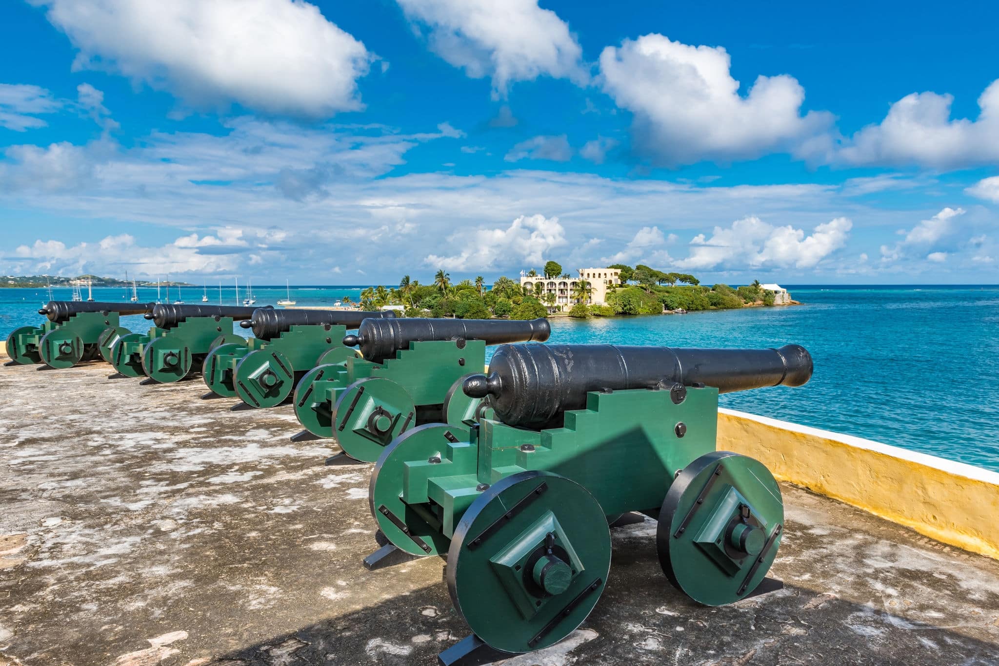 Vintage cannons facing the Caribbean ocean defending the bay