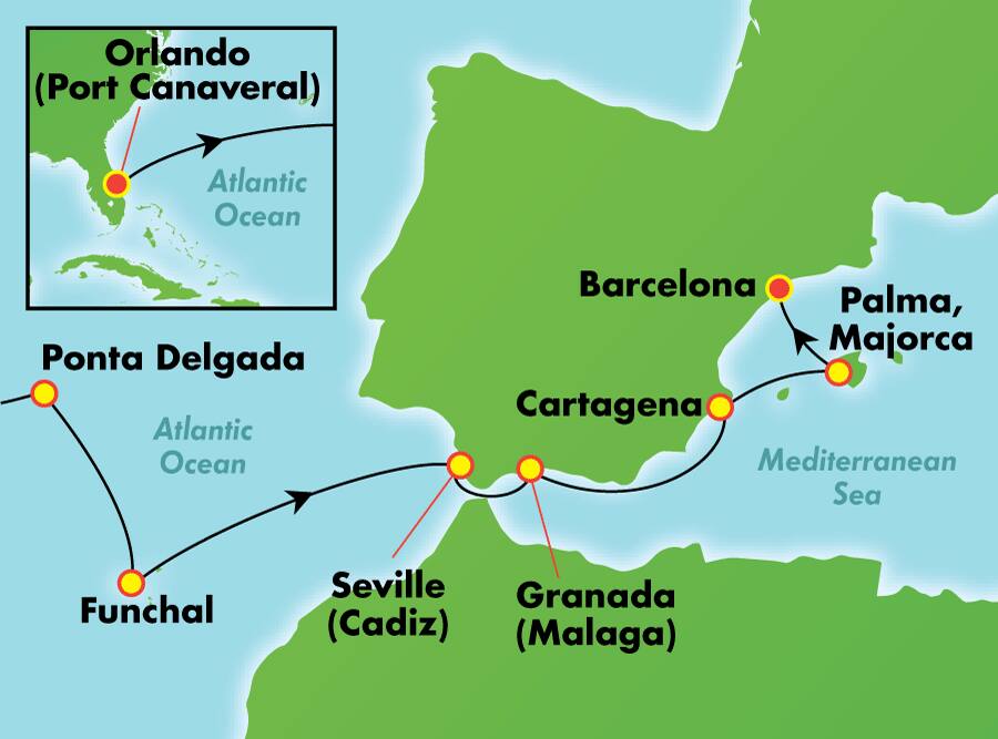 15-Day Transatlantic from Orlando (Port Canaveral) 15-Day Transatlantic from Orlando (Port Canaveral)