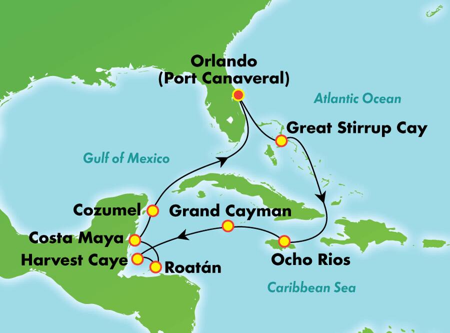 11 dias, de Orlando para o oeste do Caribe (Port Canaveral) 11 dias, de Orlando para o oeste do Caribe (Port Canaveral)